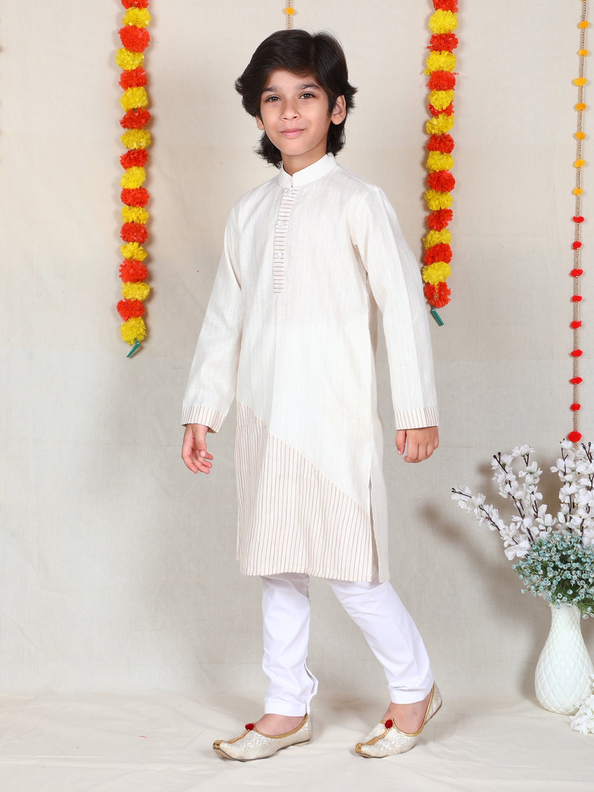 Boys Ivory Linen Blend Kurta Churidar Set