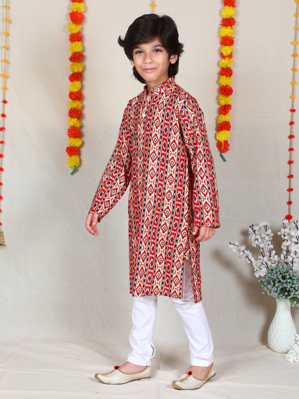 Boys Maroon Ekat Print Cotton Kurta Churidar Set