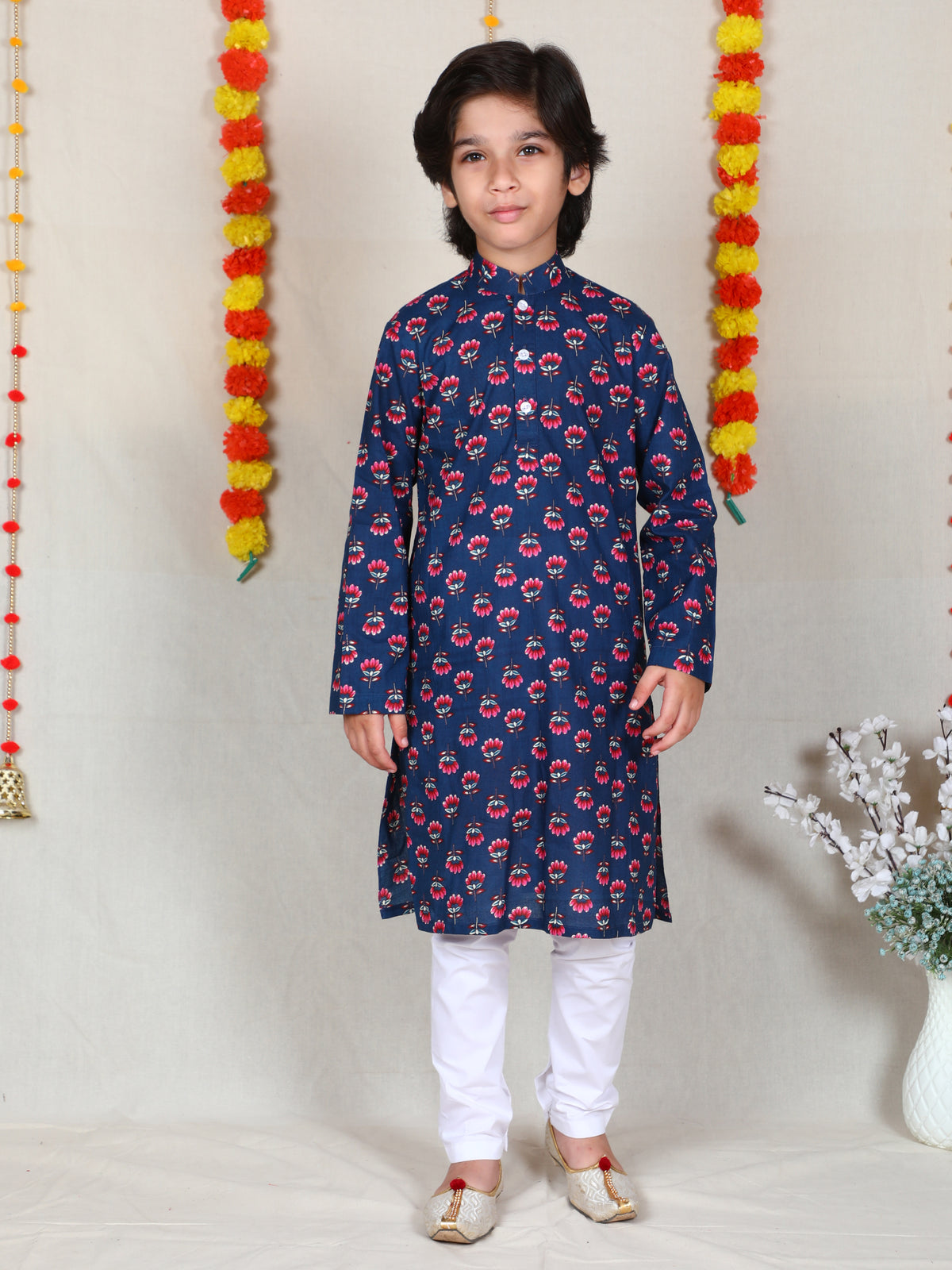 Boys Navy Blue Floral Print Cotton Kurta Churidar Set