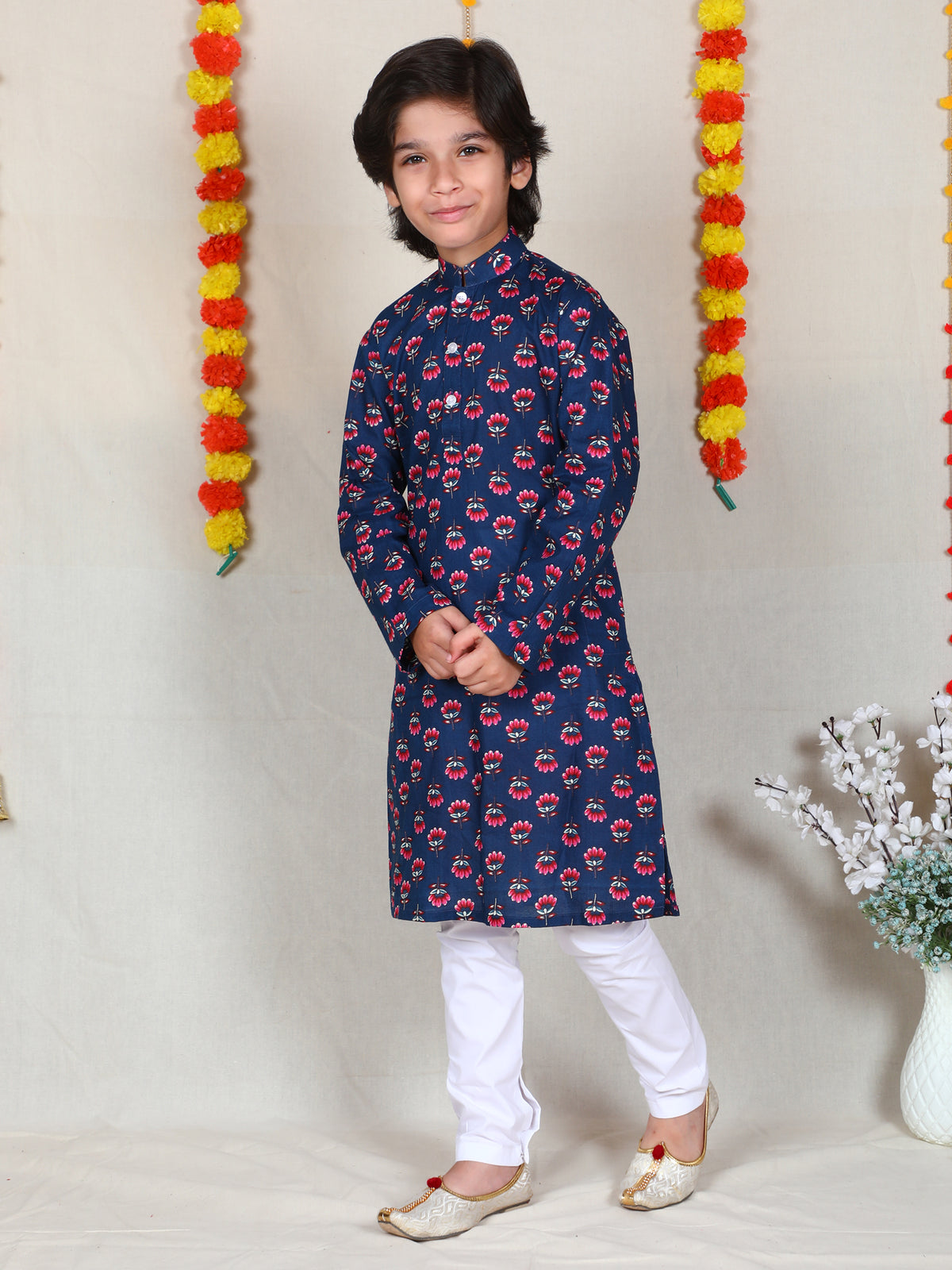 Boys Navy Blue Floral Print Cotton Kurta Churidar Set