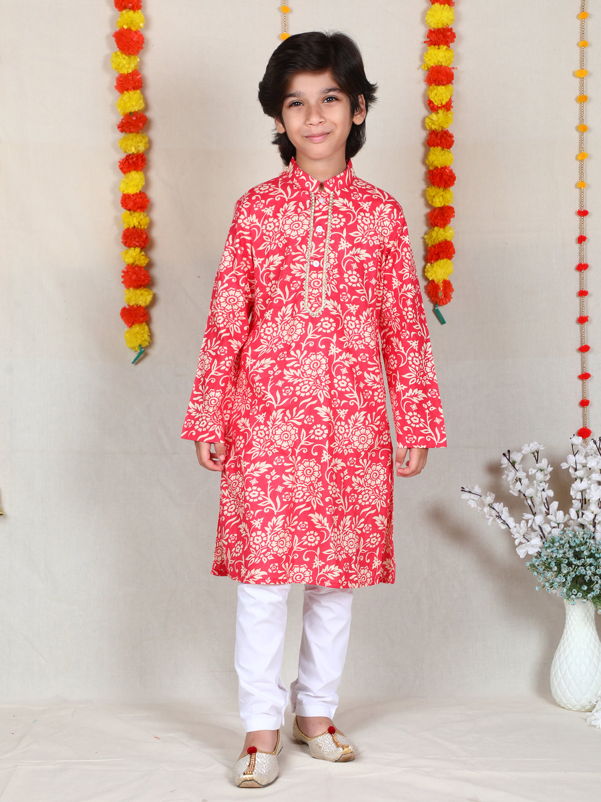 Boys Coral Pink Floral Print Cotton Kurta Churidar Set