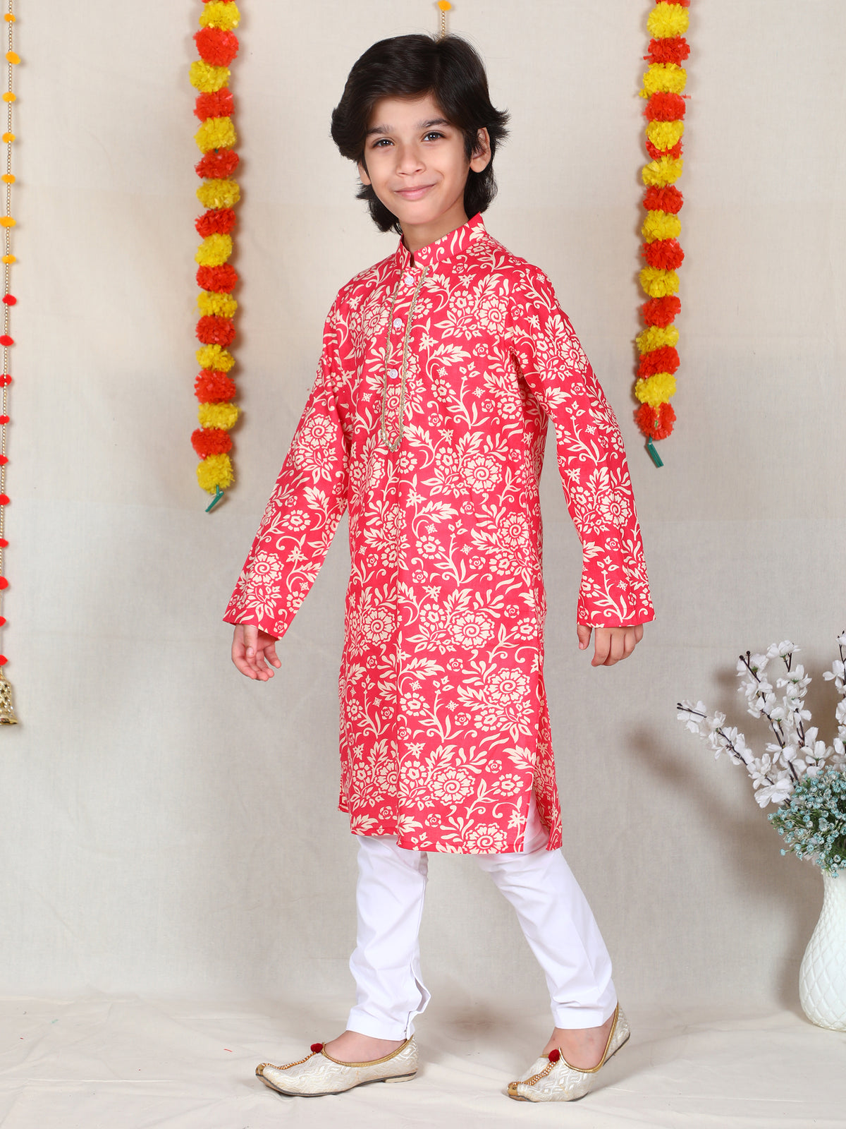 Boys Coral Pink Floral Print Cotton Kurta Churidar Set