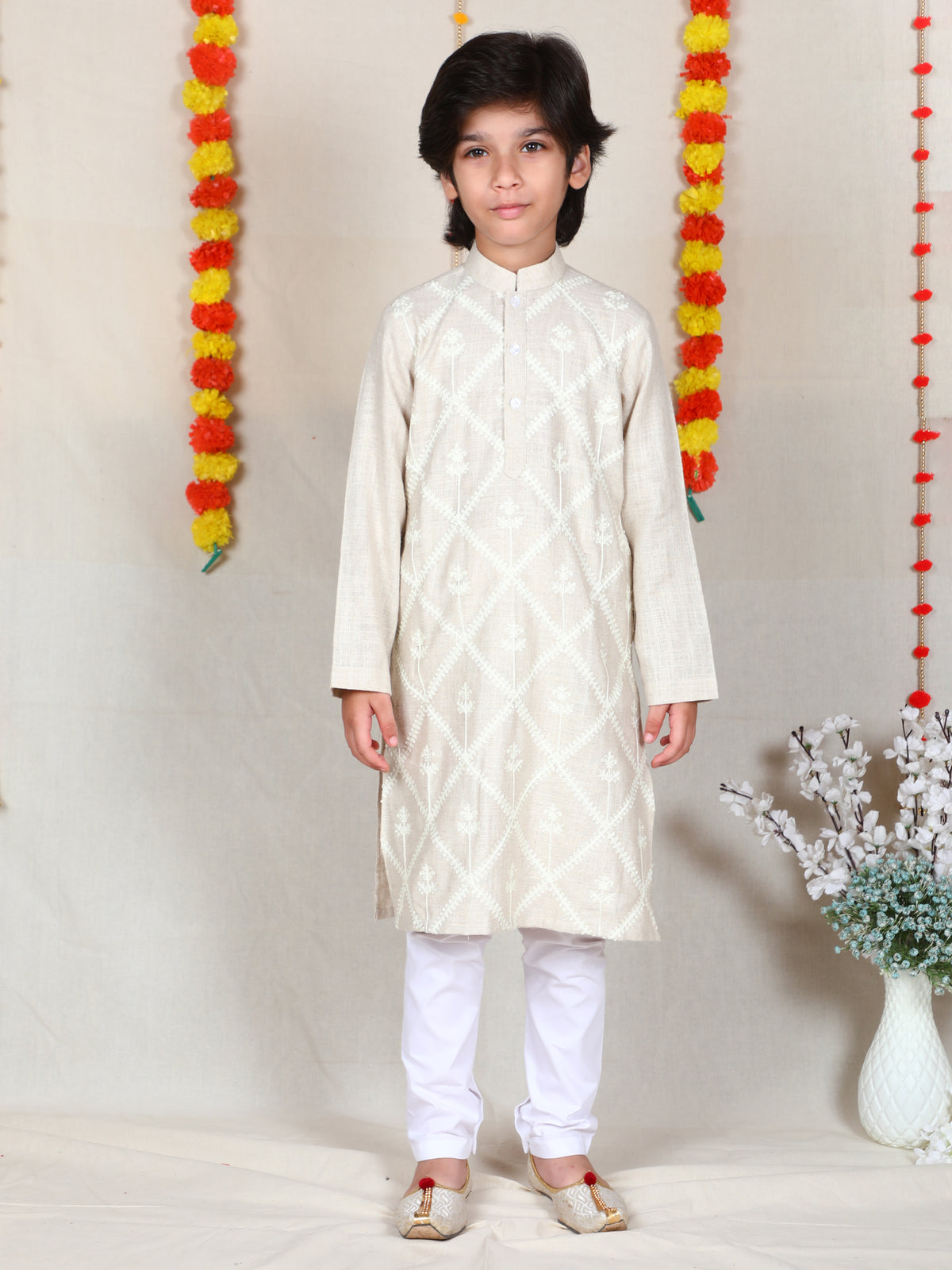 Boys Beige Embroidered Linen Kurta Churidar Set