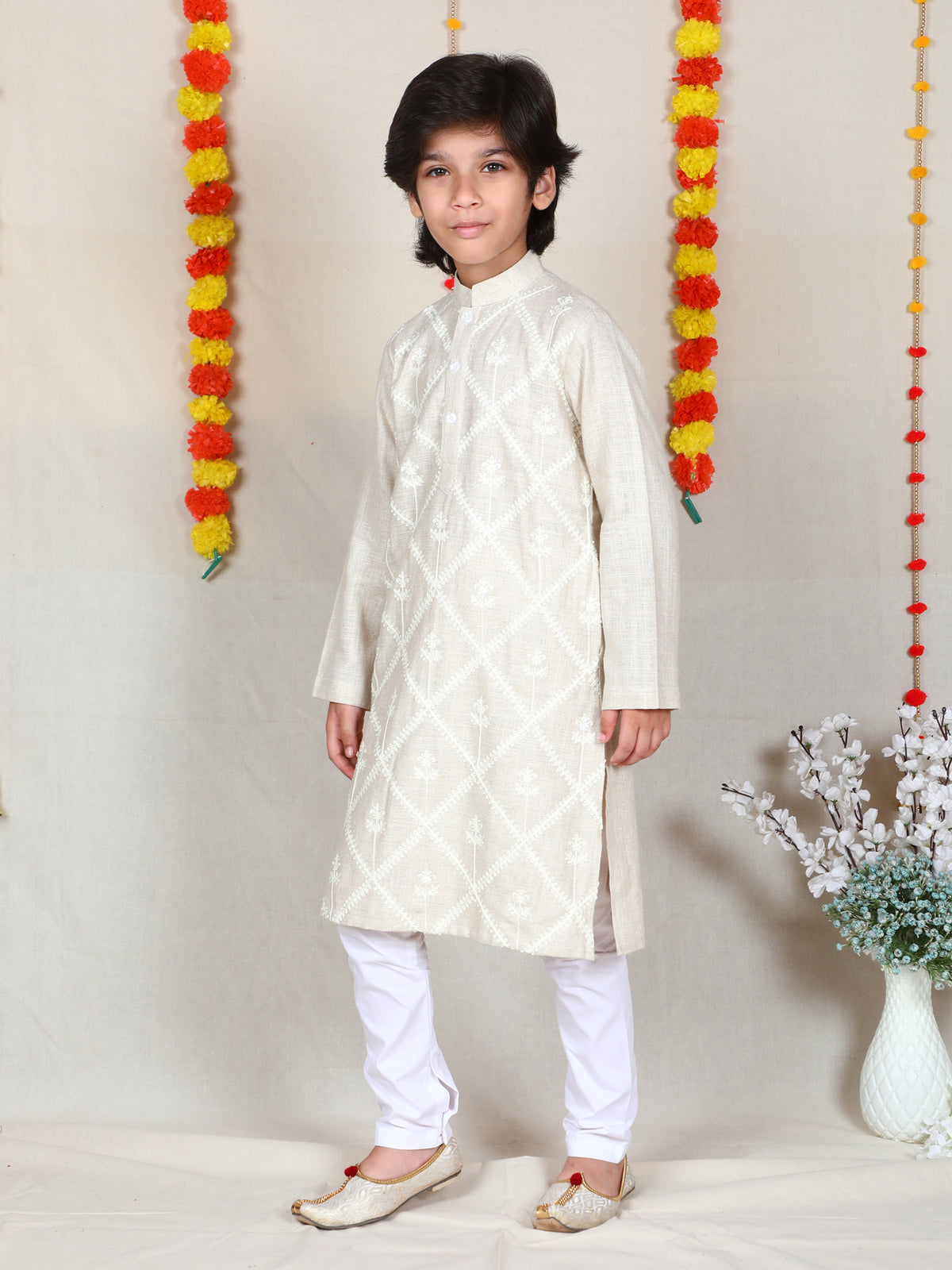 Boys Beige Embroidered Linen Kurta Churidar Set