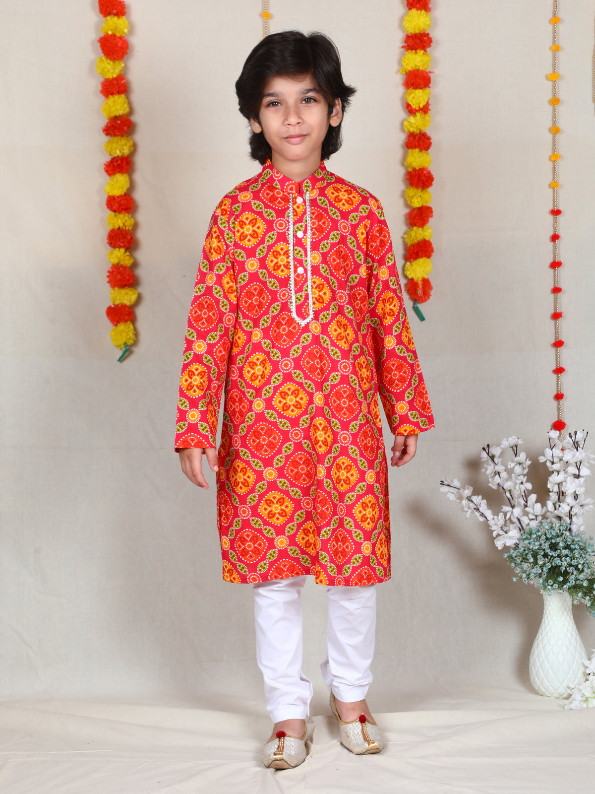 Red Bandhani Print Cotton Kurta Churidar Set for Boys