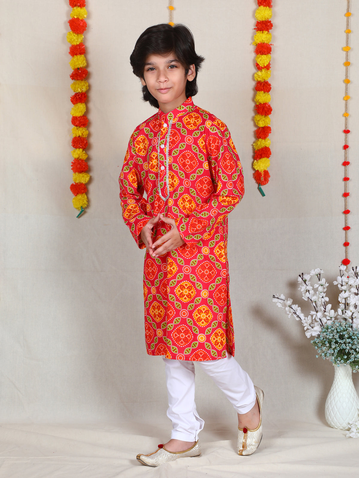 Red Bandhani Print Cotton Kurta Churidar Set for Boys