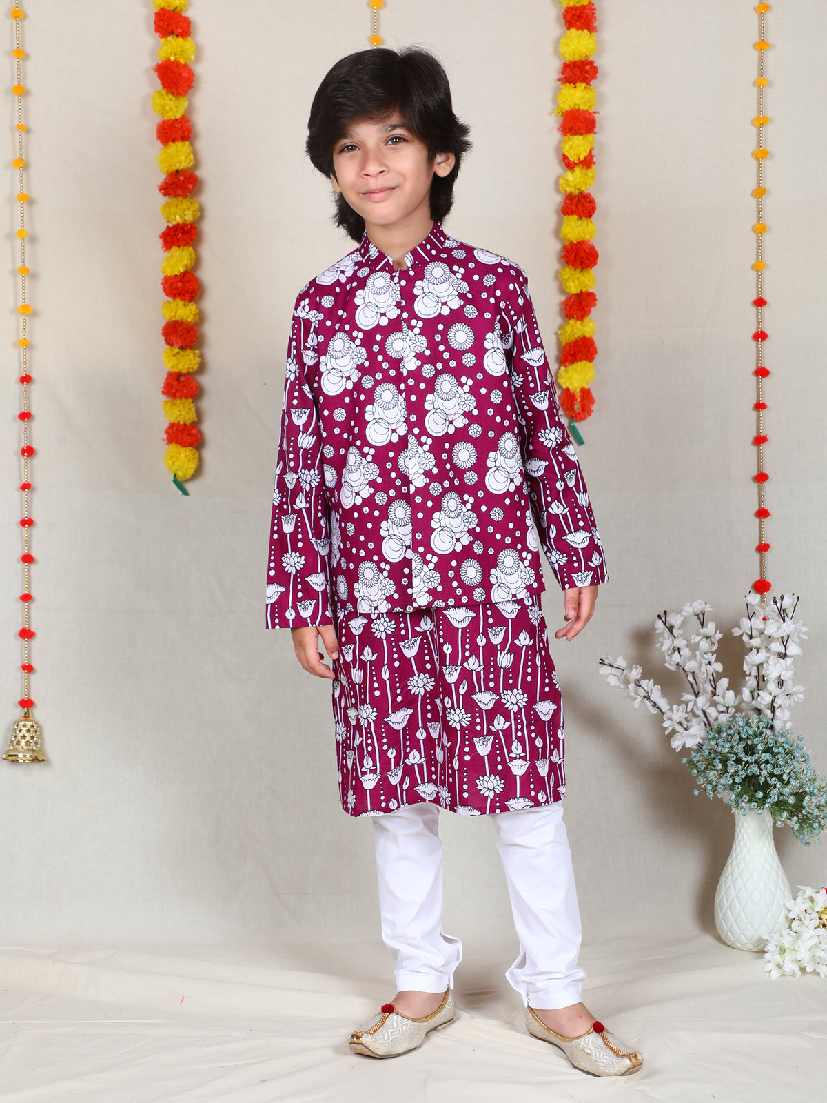 Magenta Floral Print Cotton Kurta & Bundi Set