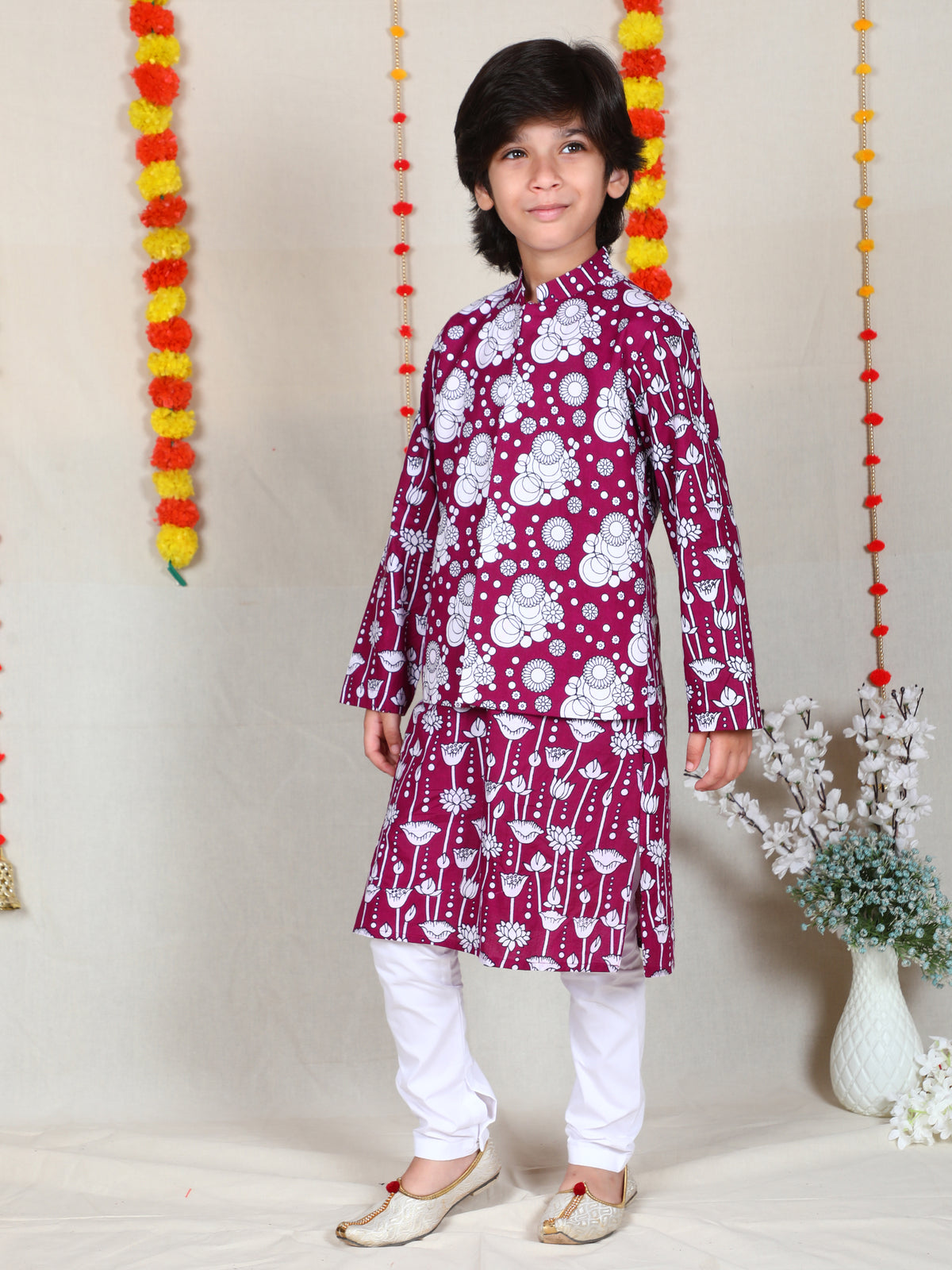 Magenta Floral Print Cotton Kurta & Bundi Set