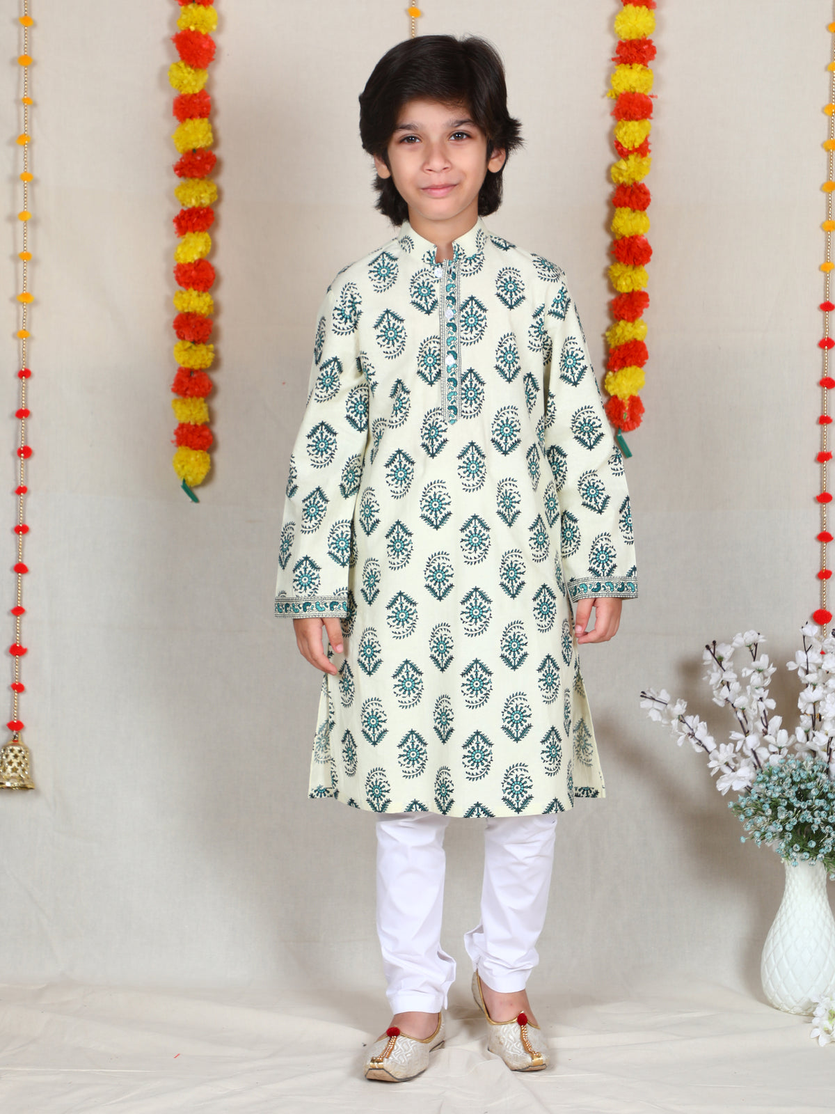 Ivory Teal Block Print Cotton Kurta Set