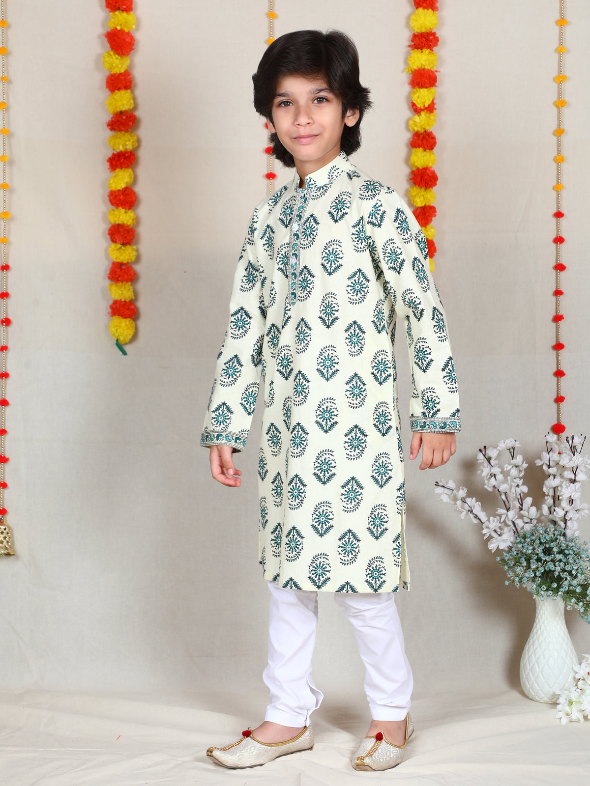Ivory Teal Block Print Cotton Kurta Set