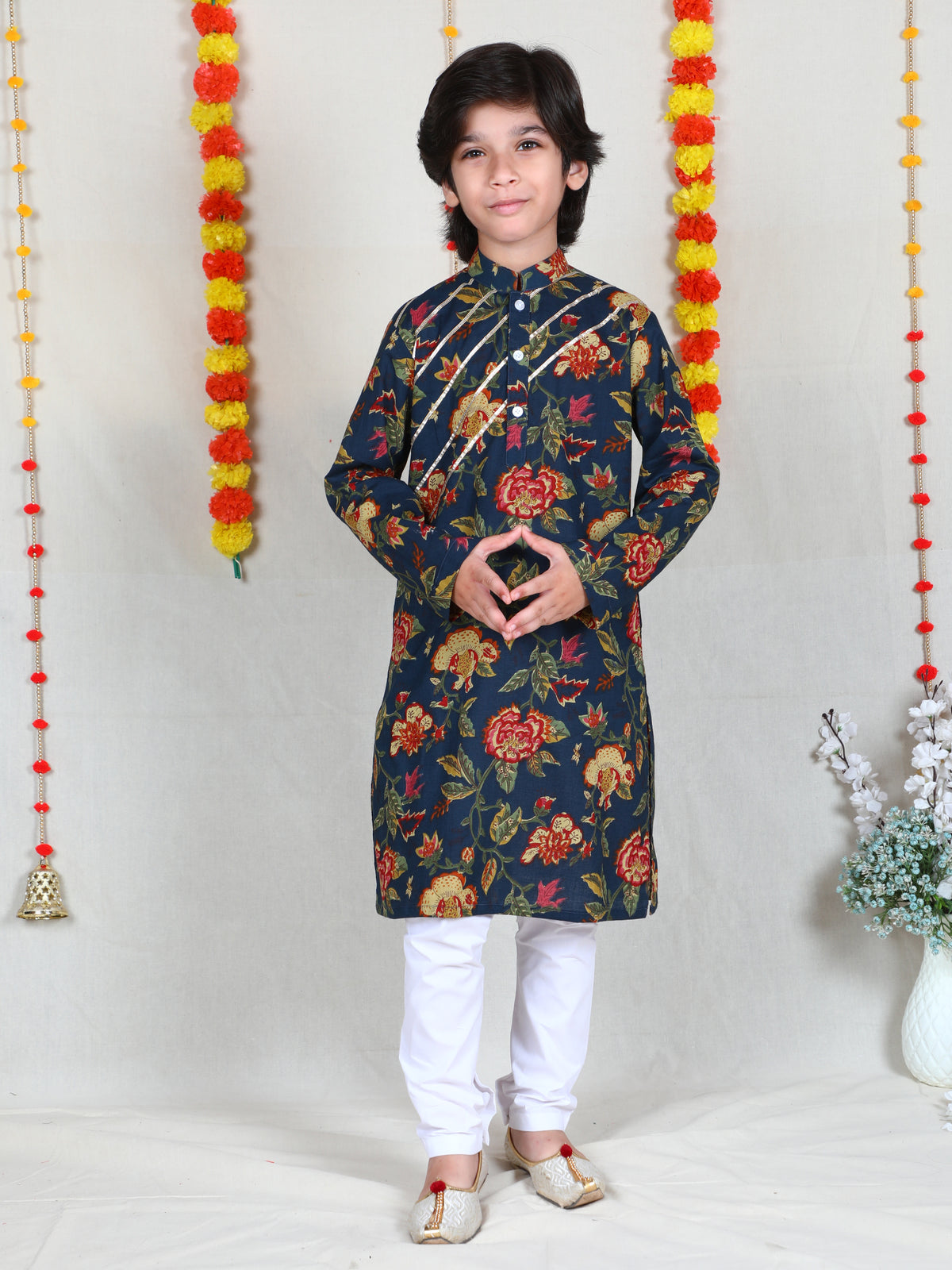 Navy Blue Floral Print Cotton Kurta Set