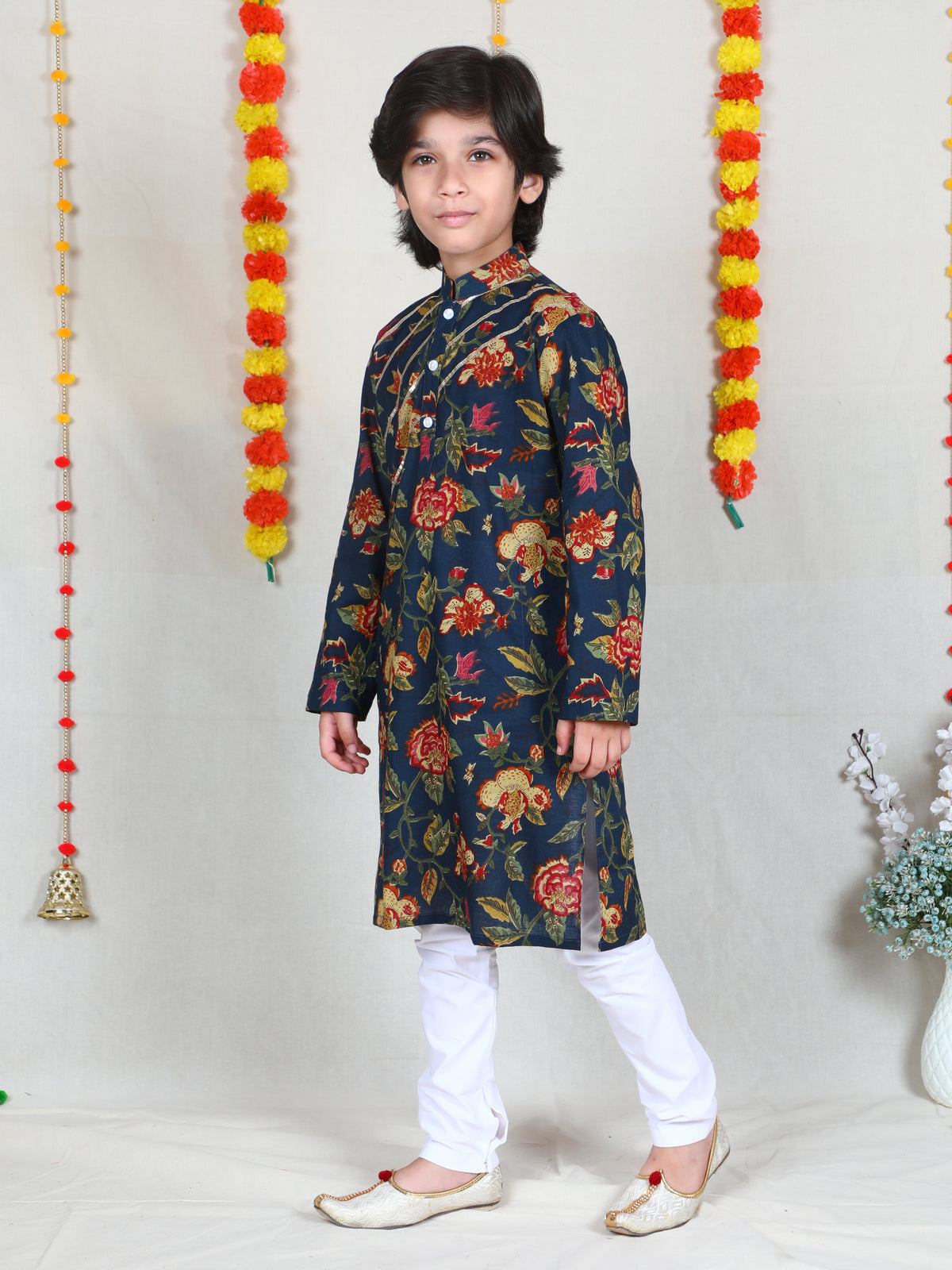 Navy Blue Floral Print Cotton Kurta Set