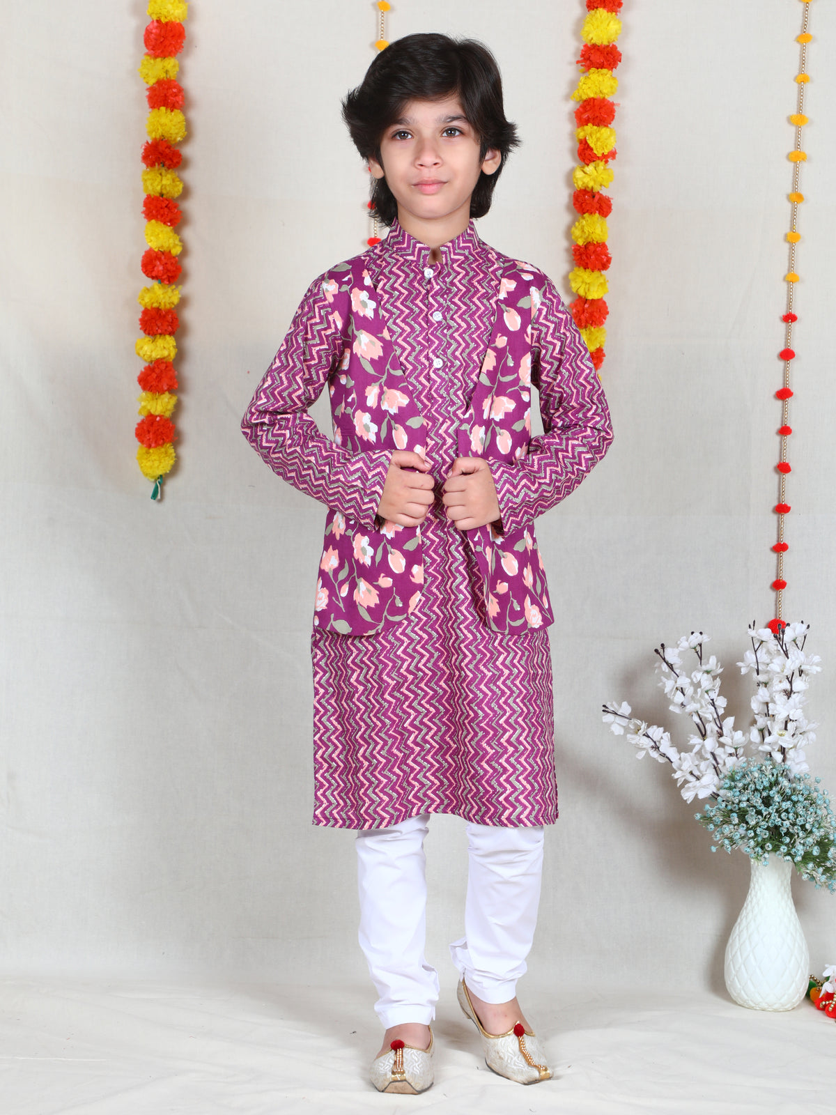 Magenta Floral Print Cotton Kurta & Bundi Set