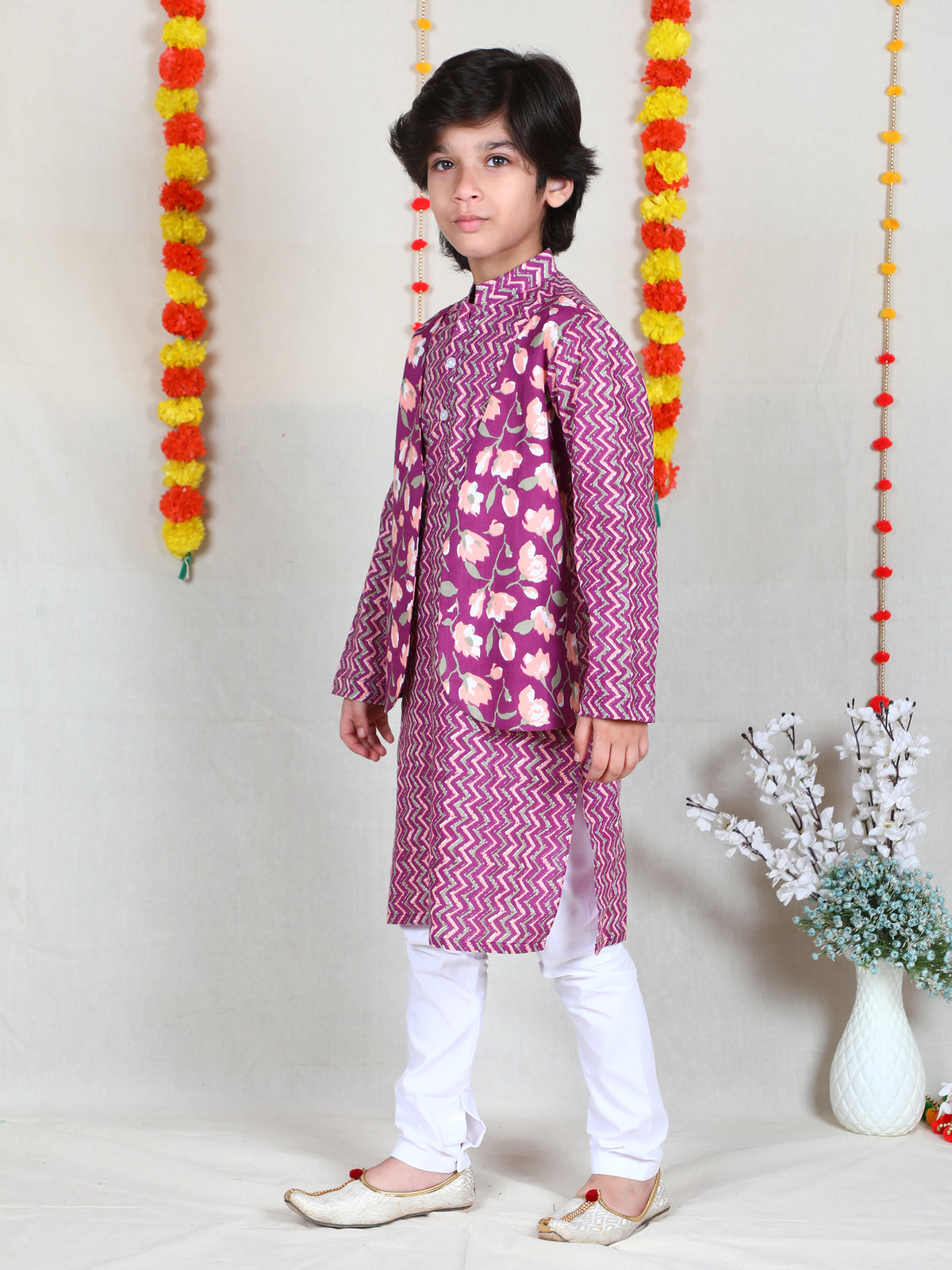 Magenta Floral Print Cotton Kurta & Bundi Set
