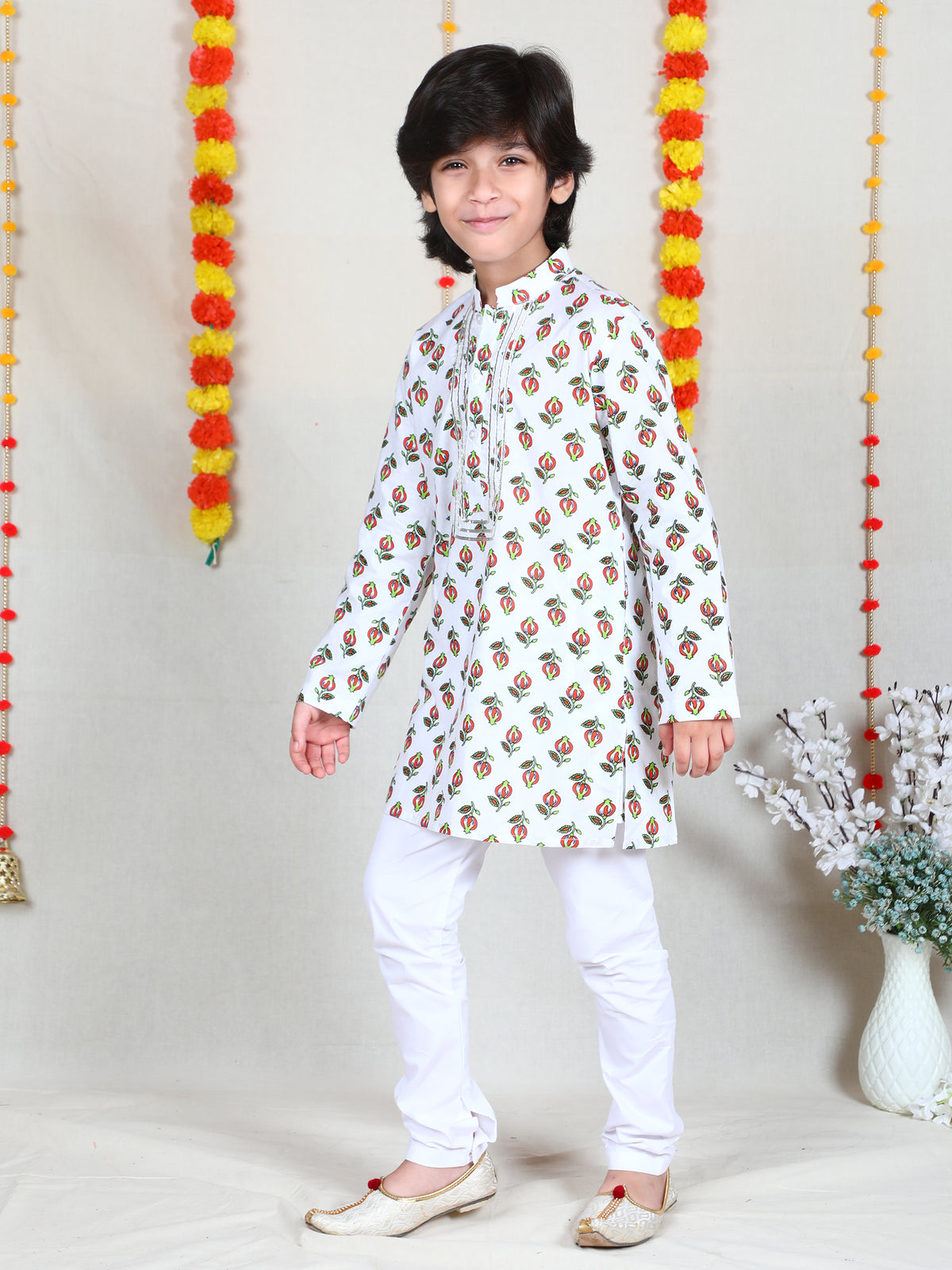 Ivory Floral Print Cotton Kurta Set