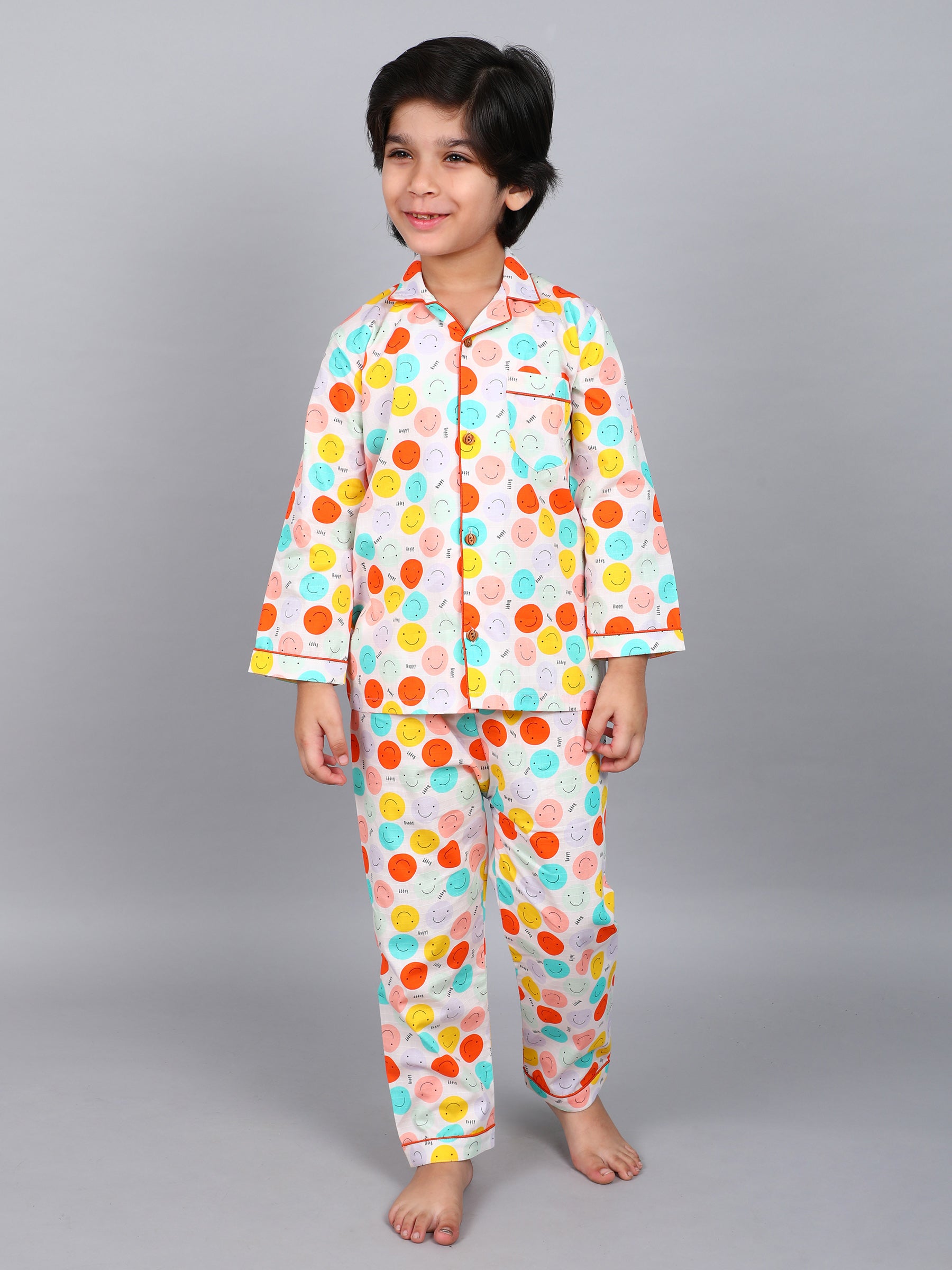 Multicolor Smiley Squad Print PJ Set
