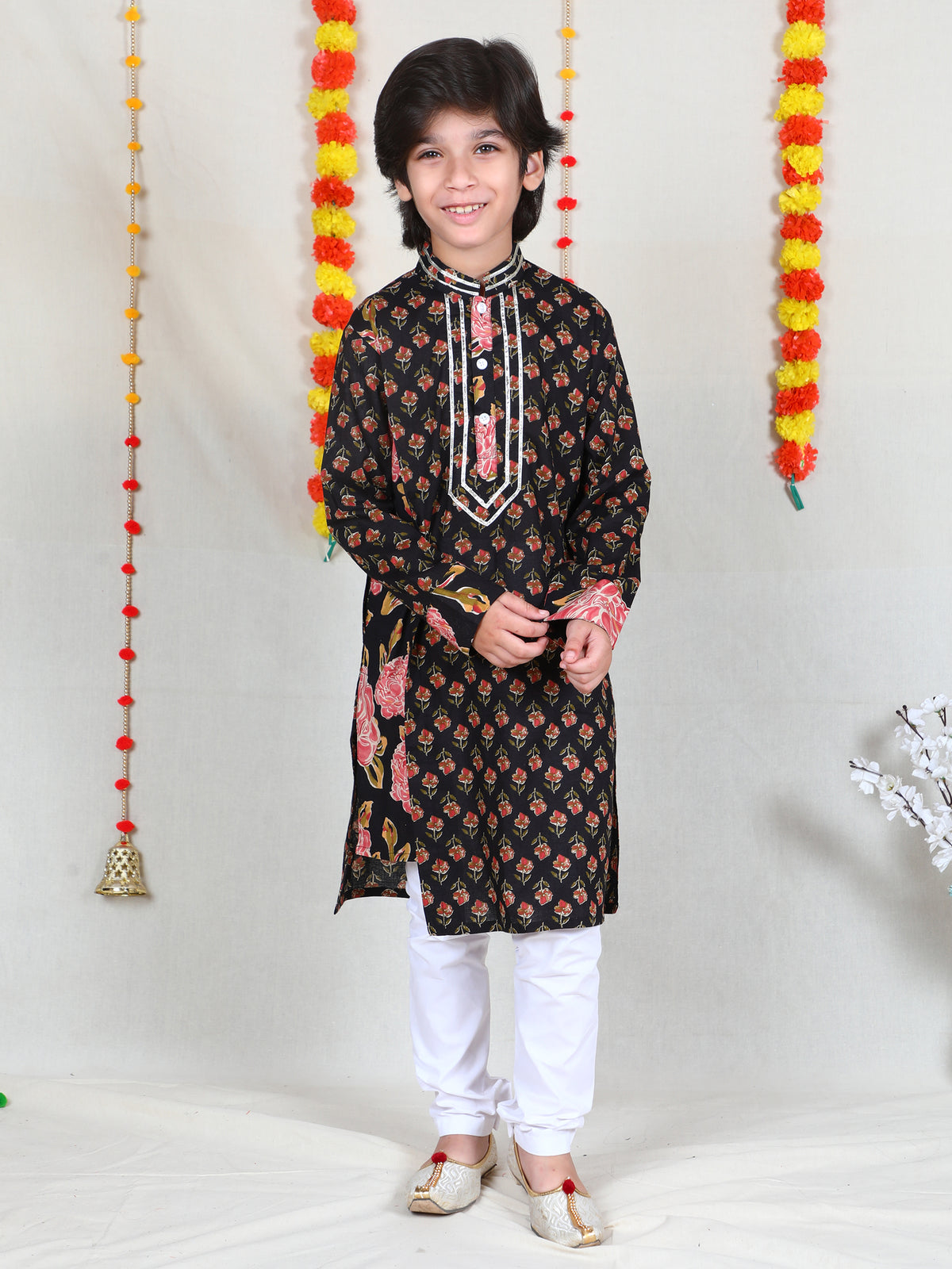 Black Floral Print Cotton Kurta Set