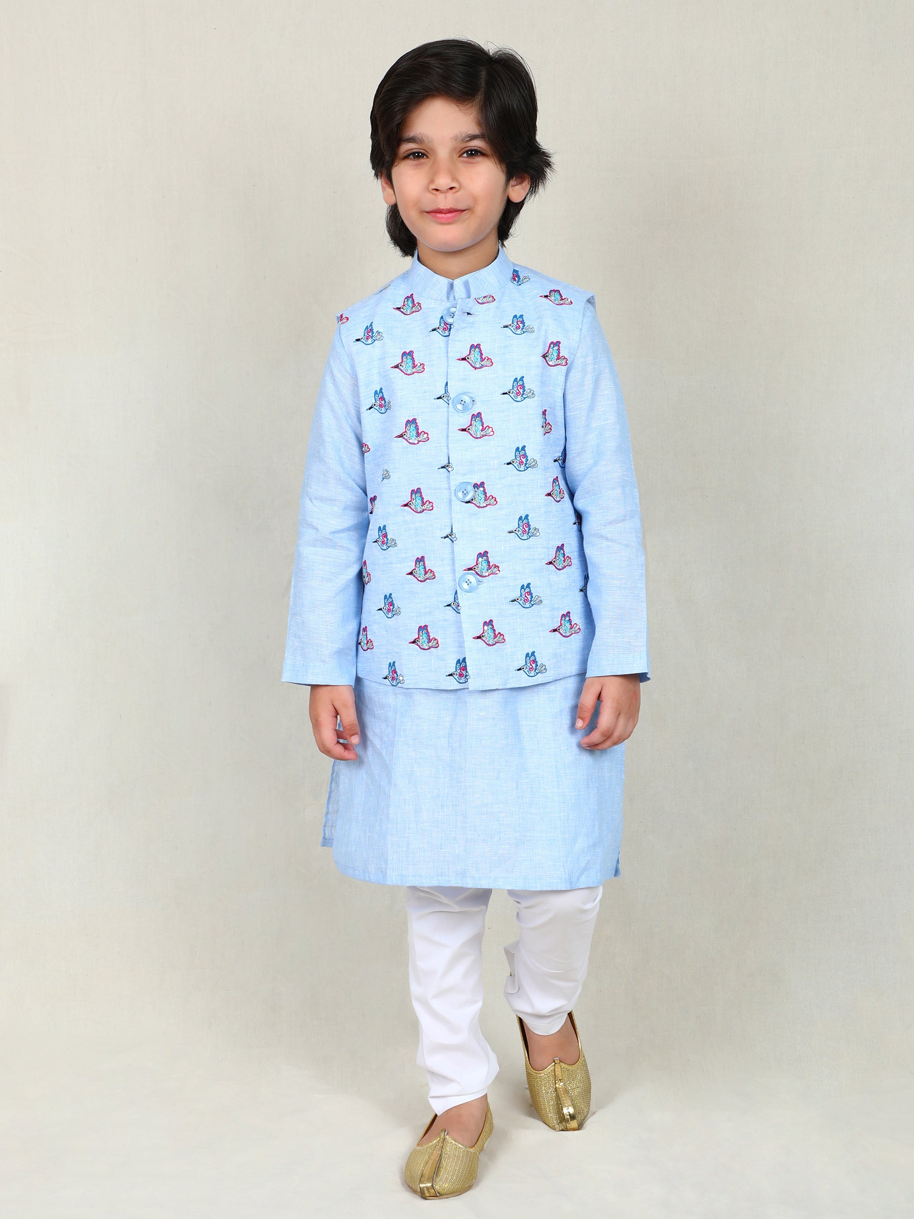 Sky Blue Kurta Set with Embroidered Bird Nehru Jacket