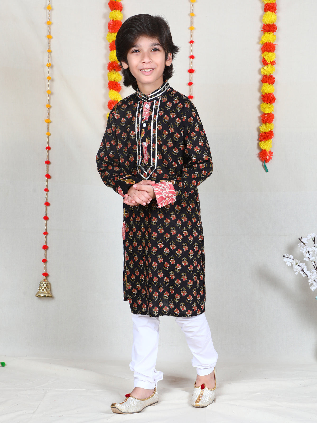 Black Floral Print Cotton Kurta Set