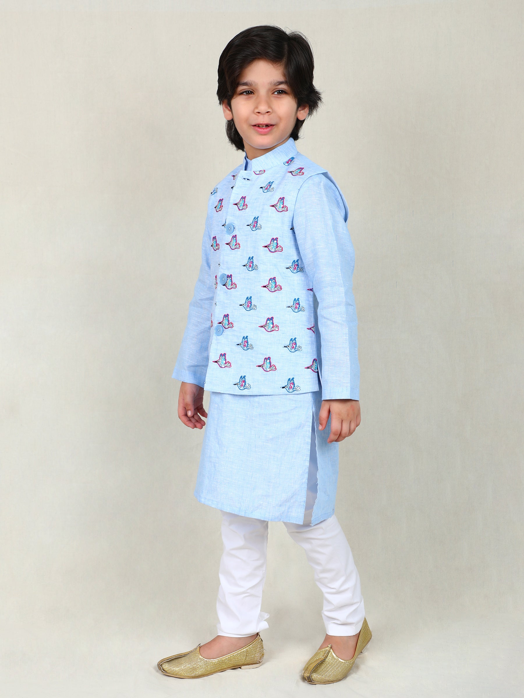 Sky Blue Kurta Set with Embroidered Bird Nehru Jacket