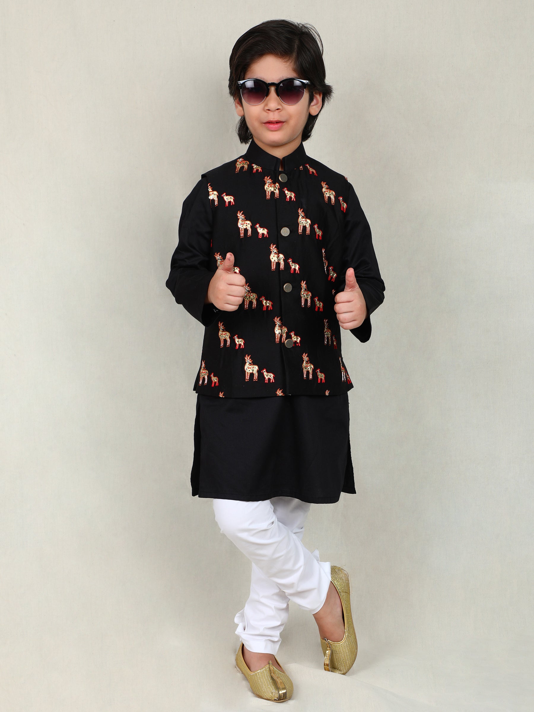Black Kurta Set with Embroidered Deer Nehru Jacket