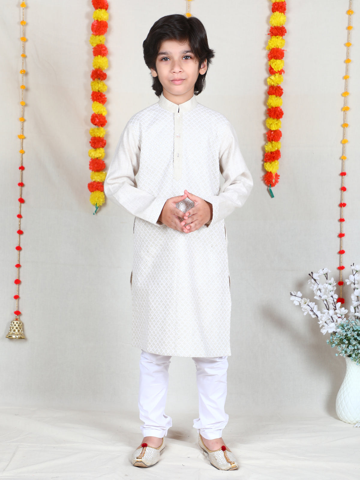 Beige Chikan Work Linen Kurta Set
