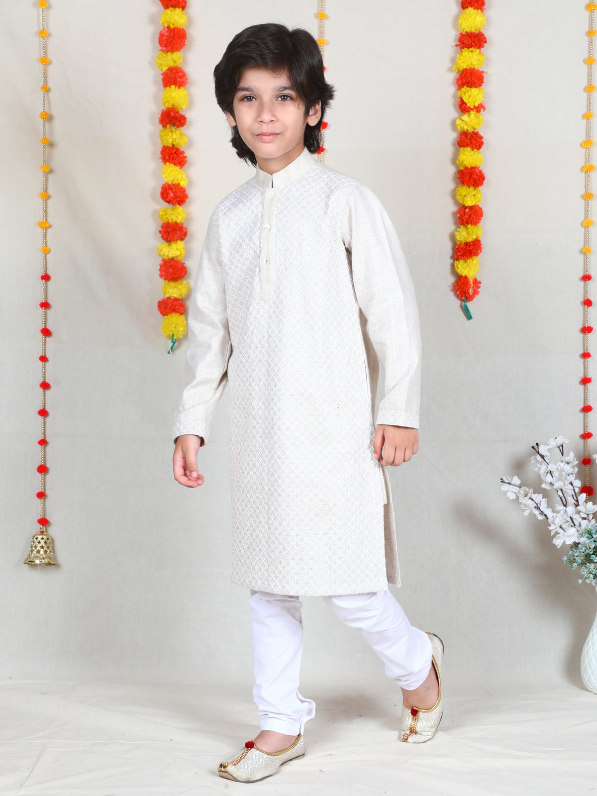 Beige Chikan Work Linen Kurta Set