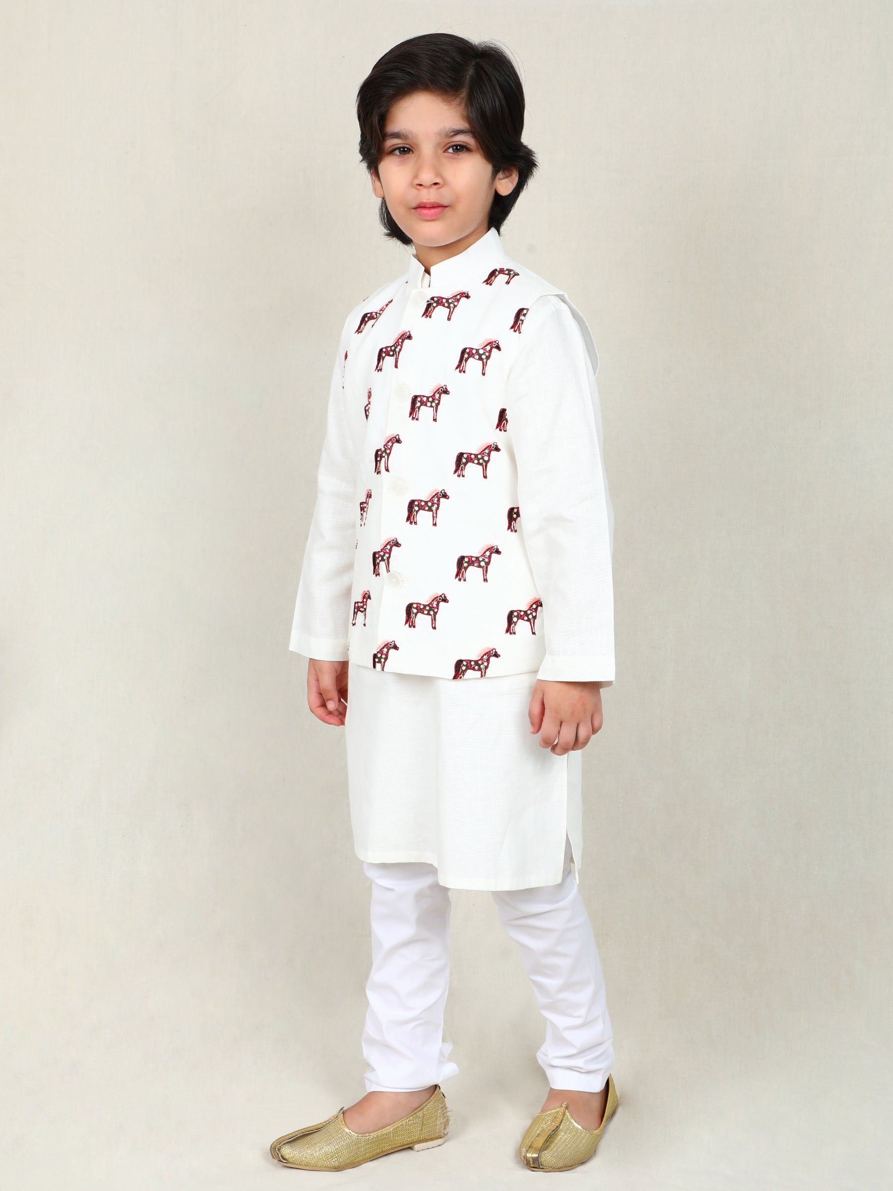 Ivory Kurta Set with Embroidered Horse Nehru Jacket