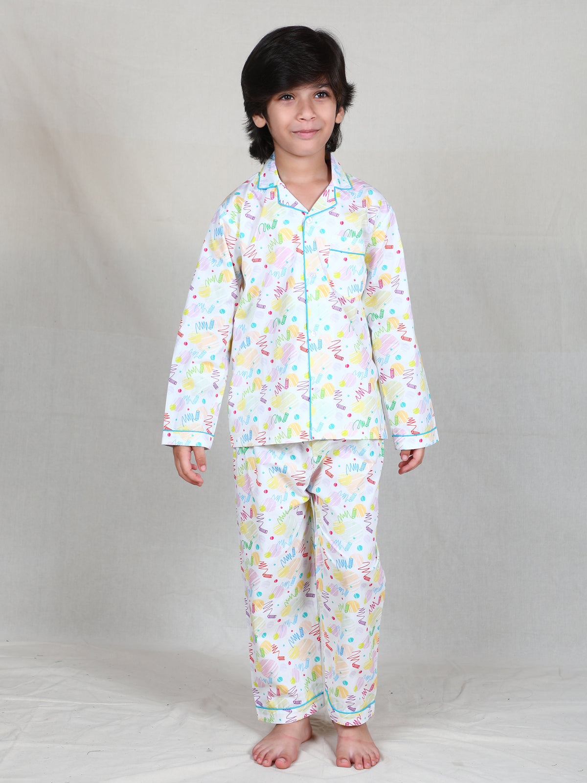 White Pastel Doodle Print Cotton Nightsuit Set