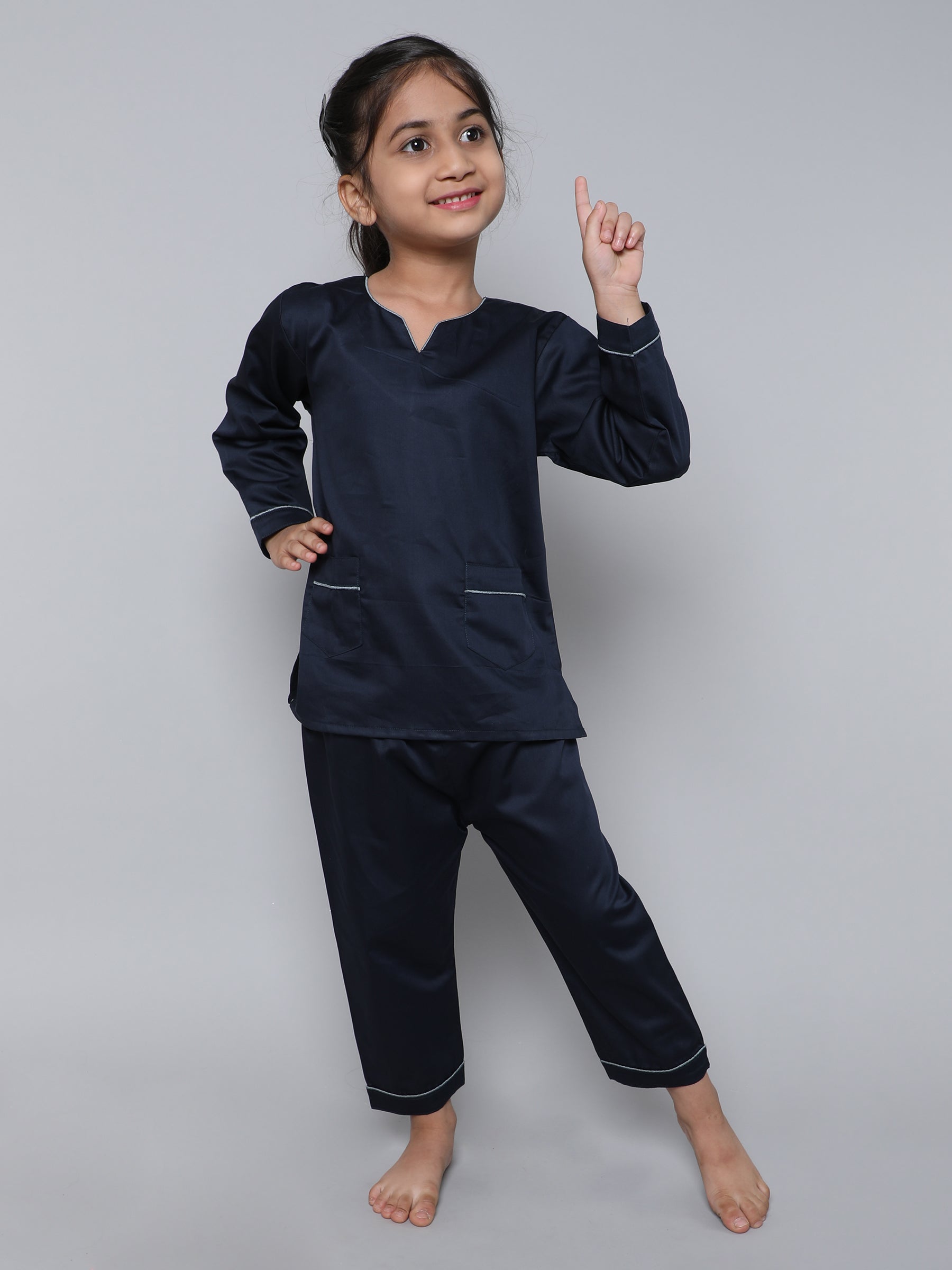 100% Cotton Silk V Neck Co-ord Set (Navy Blue)
