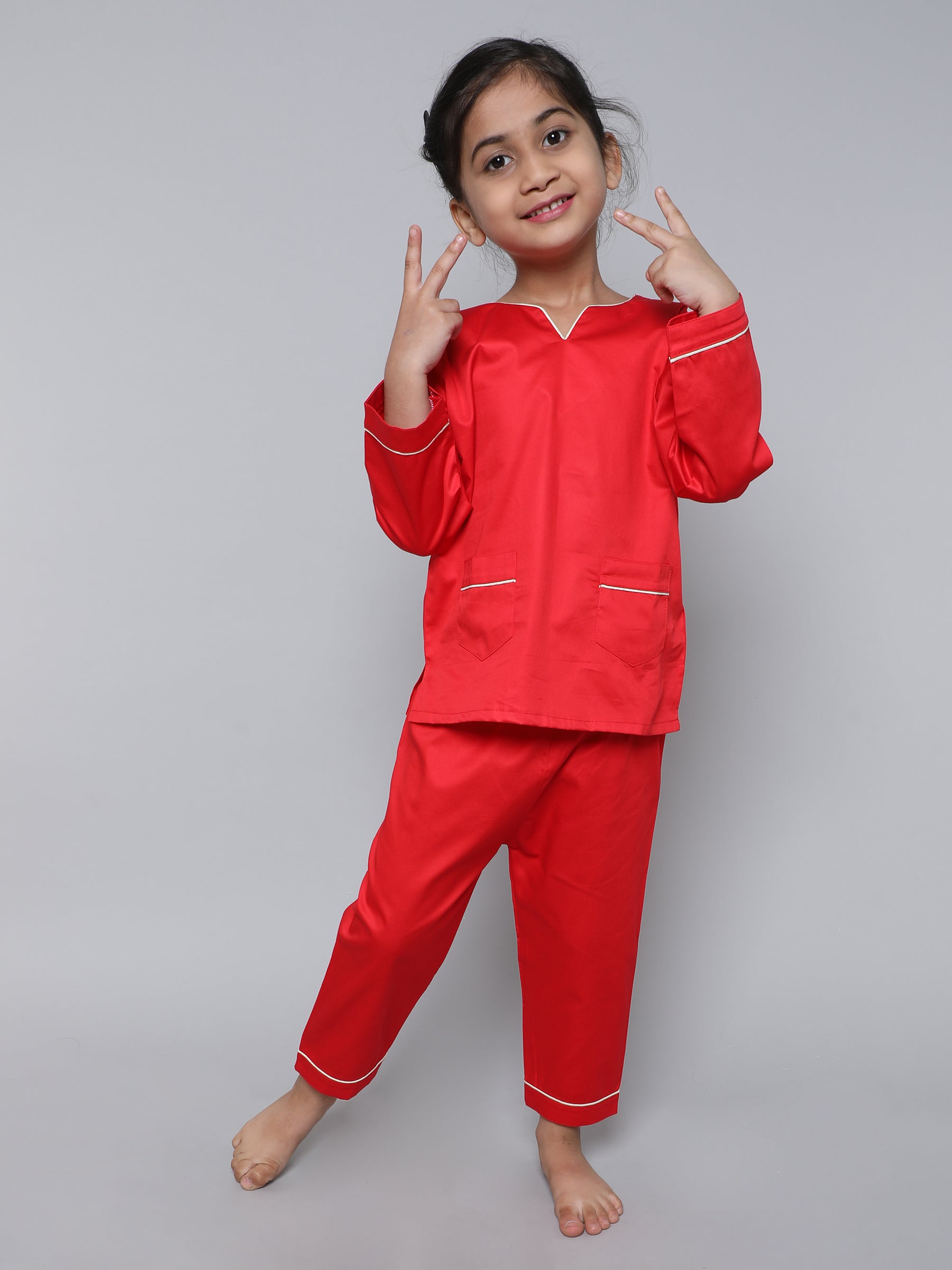 100% Cotton Silk V Neck Co-ord Set (Red)