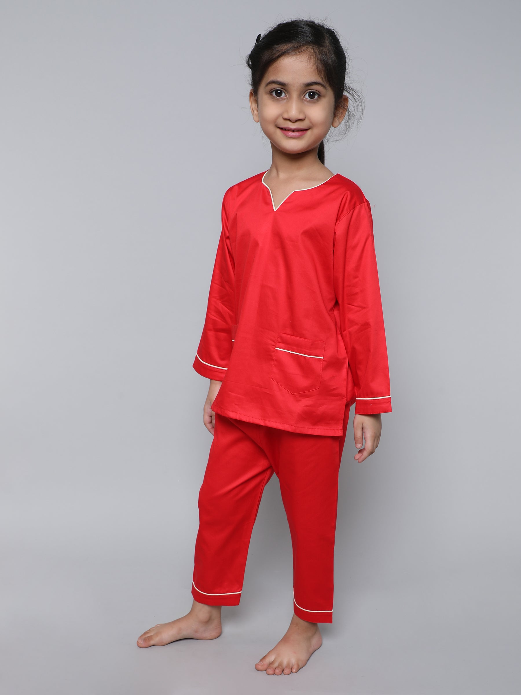 100% Cotton Silk V Neck Co-ord Set (Red)