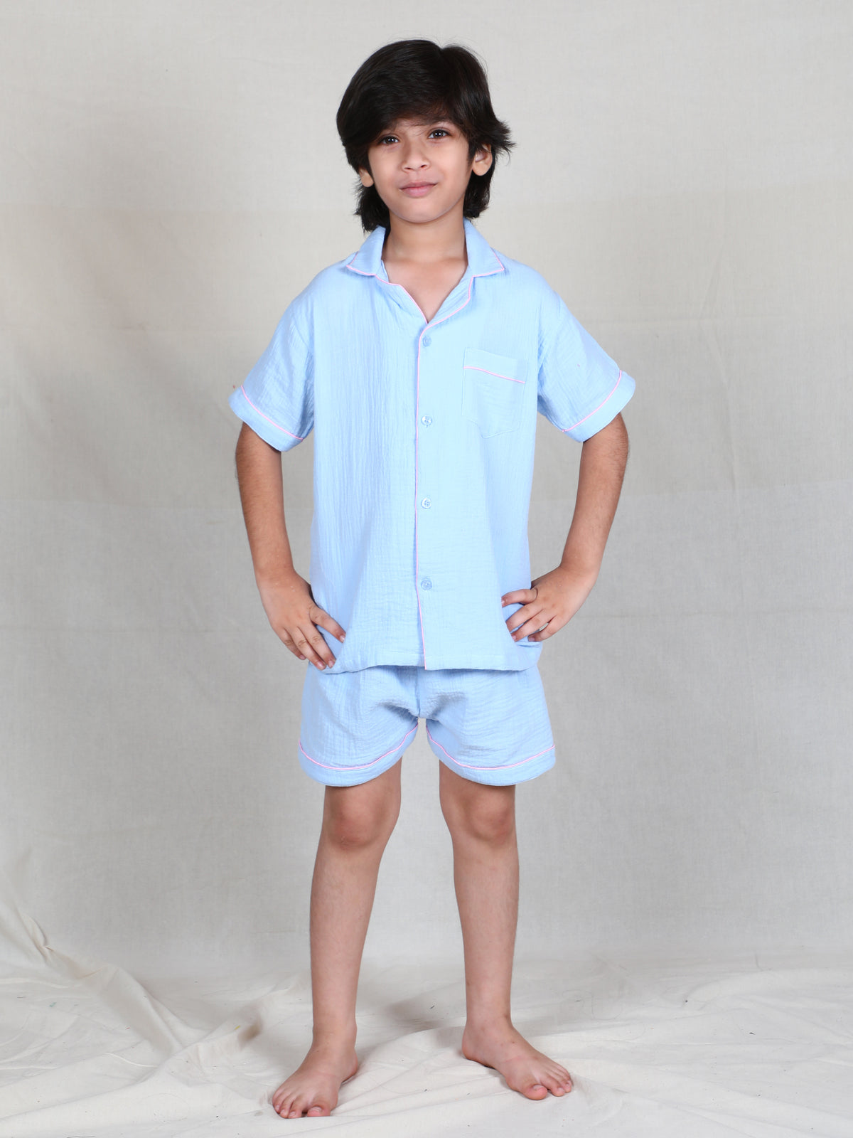 Sky blue Cloud Crinkle Cotton Co-ord Sleep Set