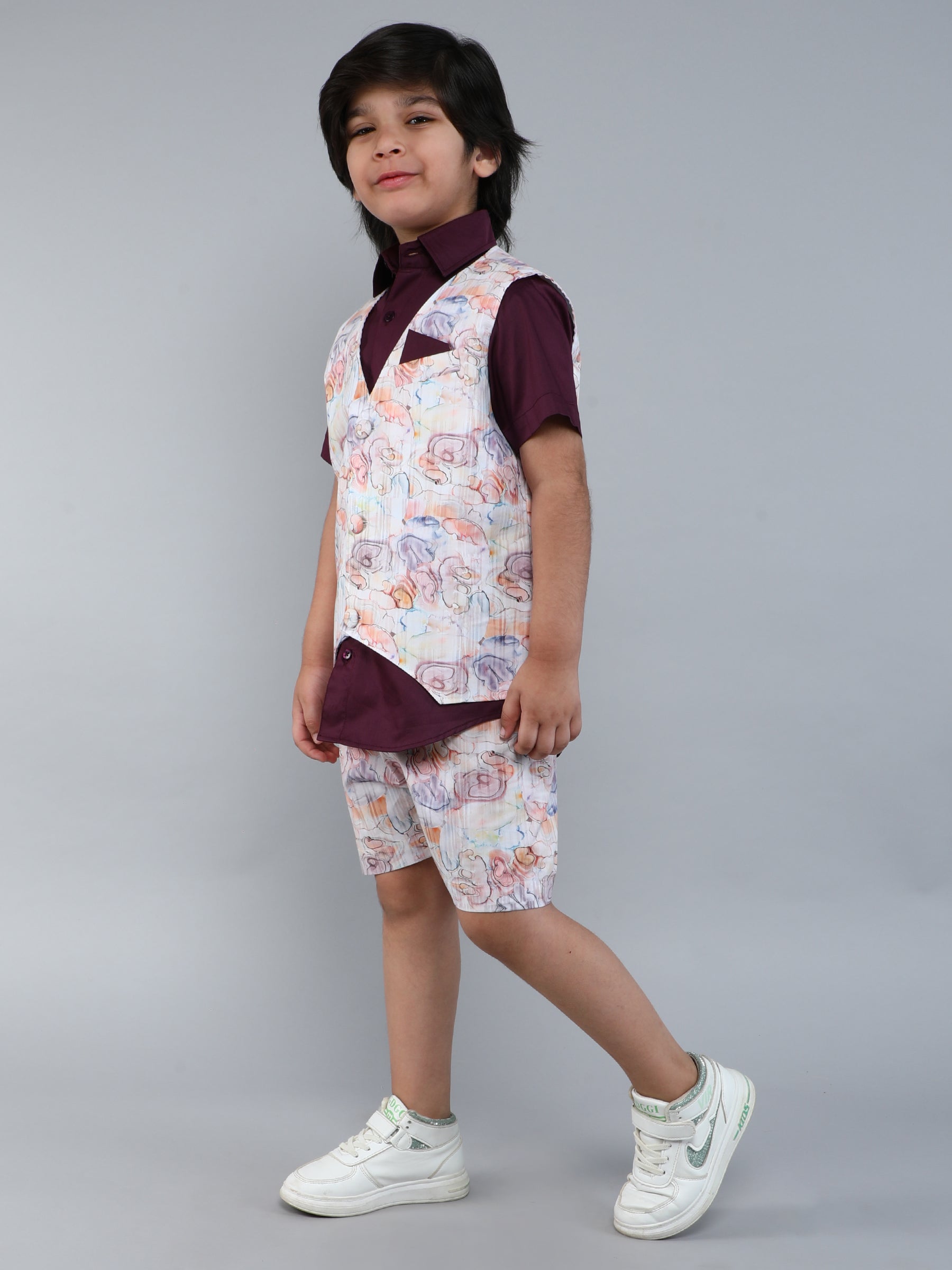 Wine Cotton Silk Shirt with Printed Shorts and Waistcoat Set