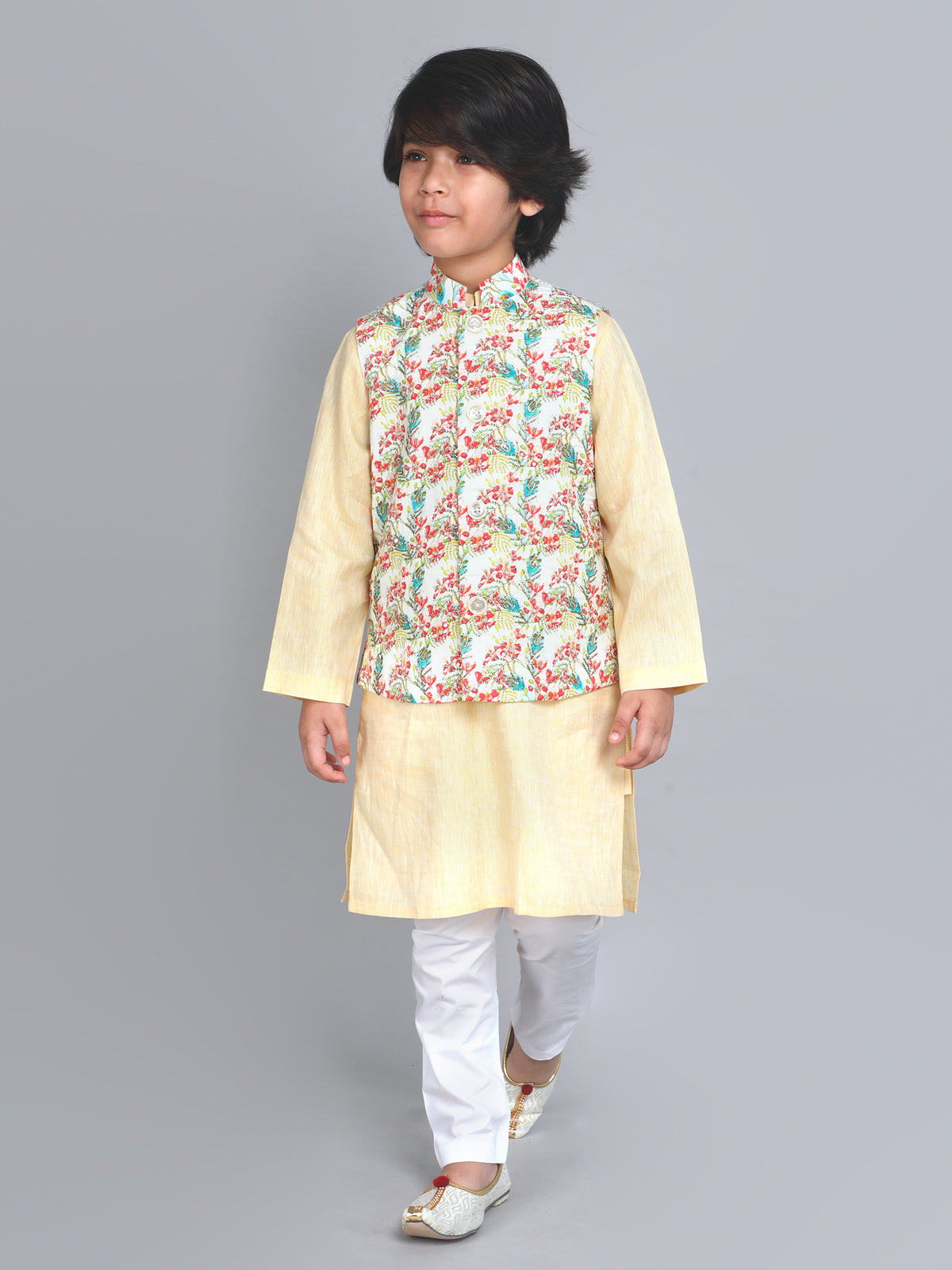Pure Cotton Yellow Peacock Feather Nehru Jacket Kurta Set