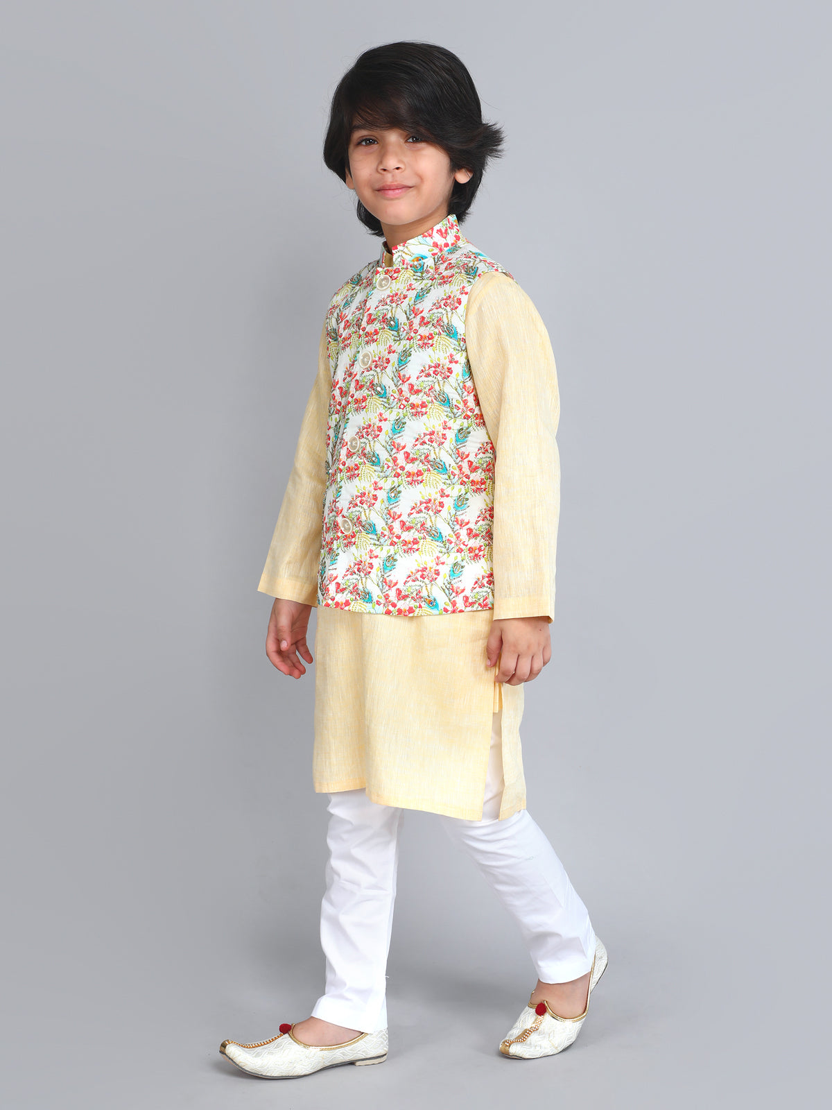 Pure Cotton Yellow Peacock Feather Nehru Jacket Kurta Set