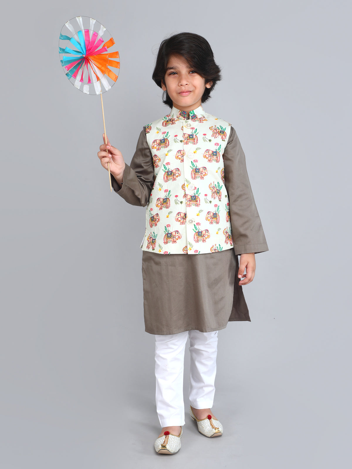 Taupe Pure Cotton Royal Elephant Nehru Jacket Set