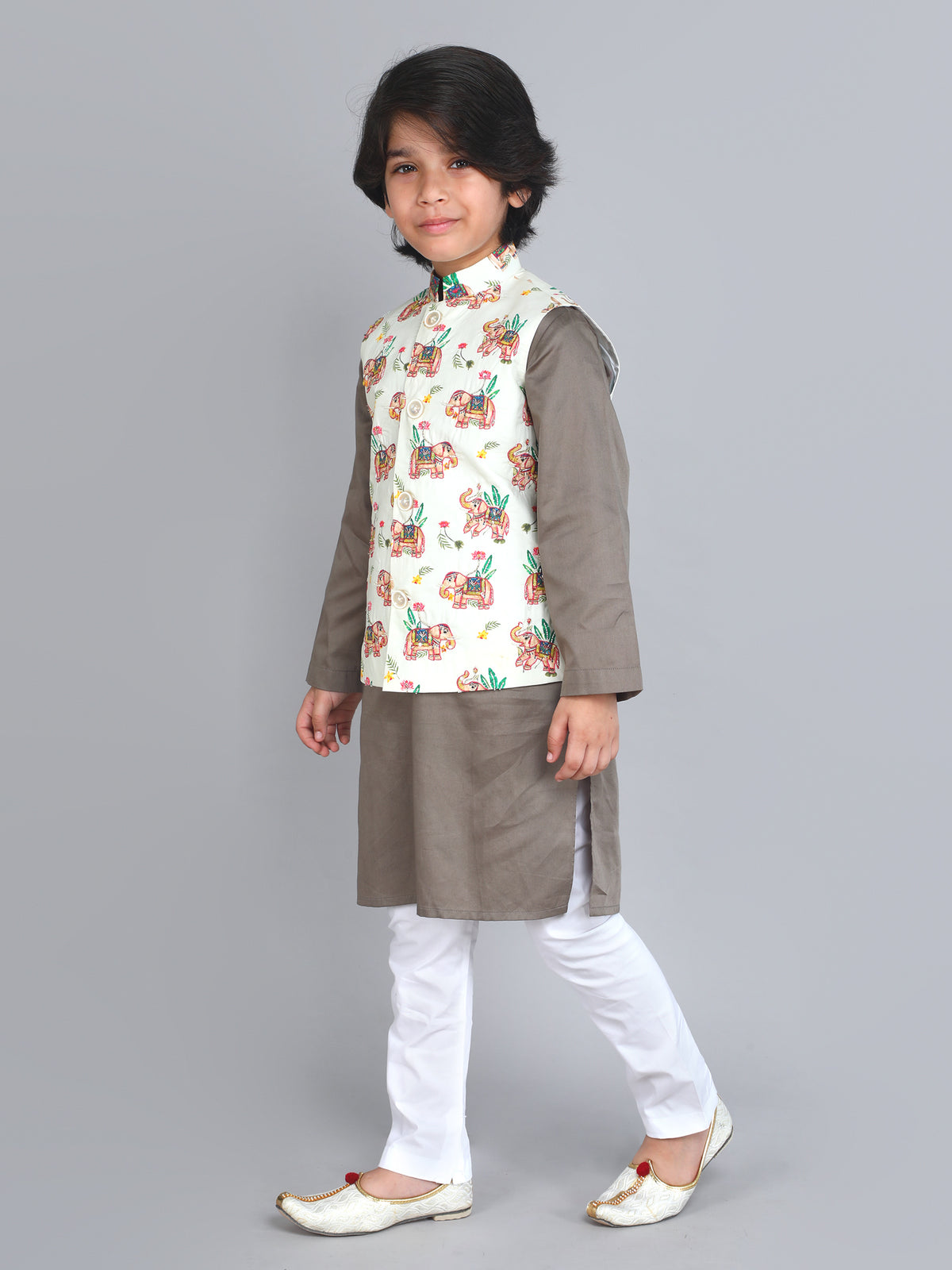 Taupe Pure Cotton Royal Elephant Nehru Jacket Set
