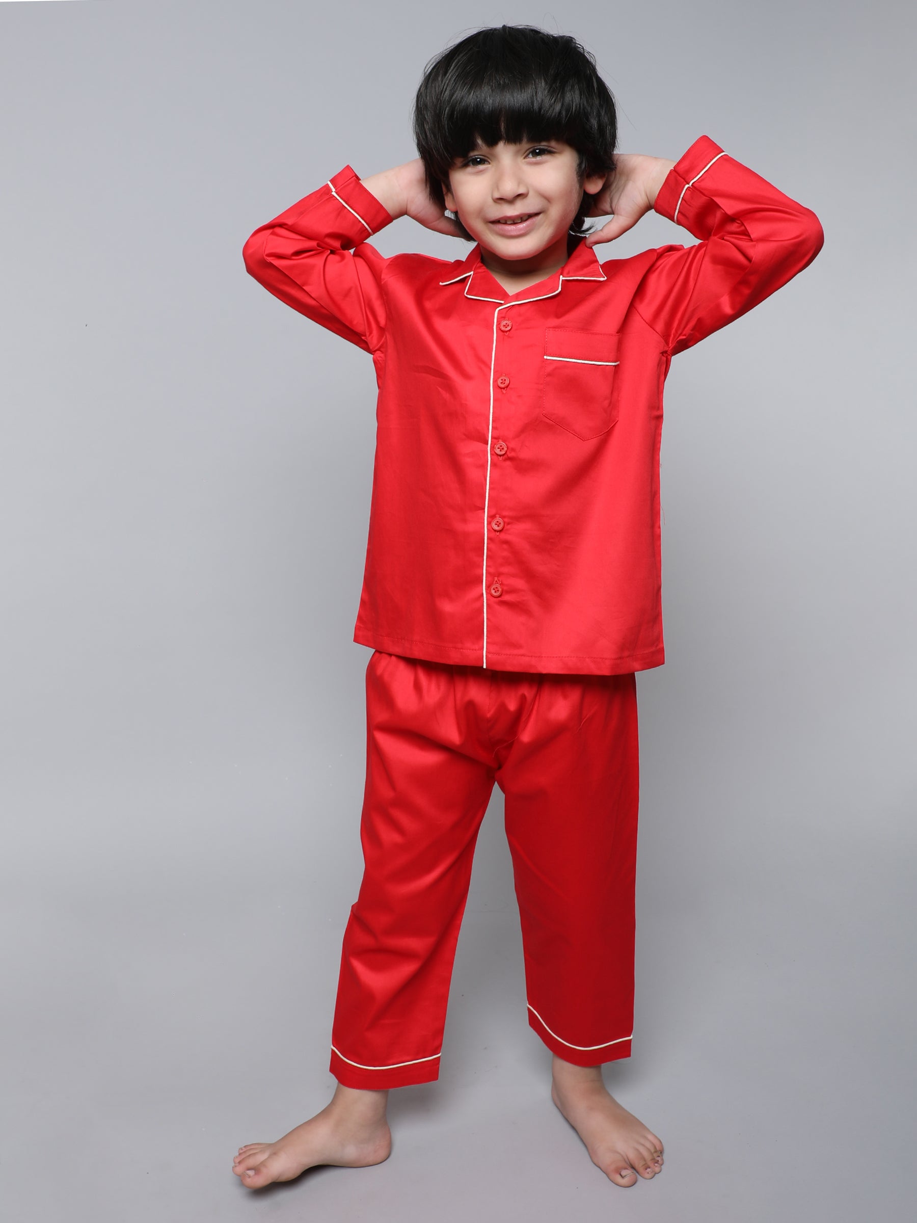 100% Cotton Silk Collar Neck Co-ord Set (Red)