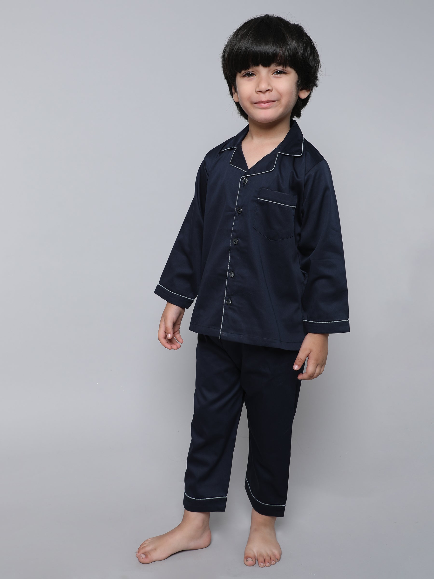 100% Cotton Silk Collar Neck Co-ord Set (Navy Blue)