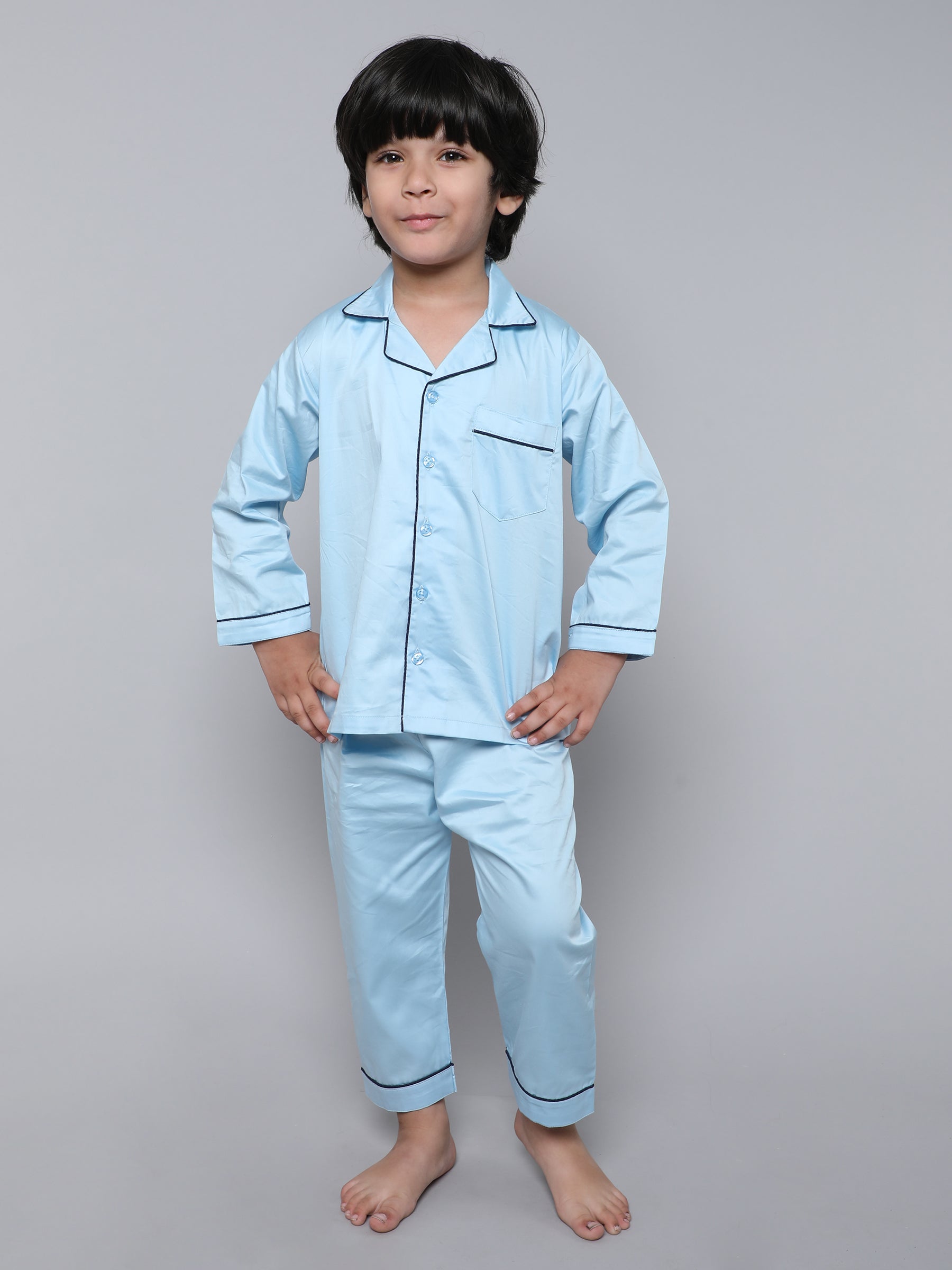 100% Cotton Silk Collar Neck Co-ord Set (Blue)