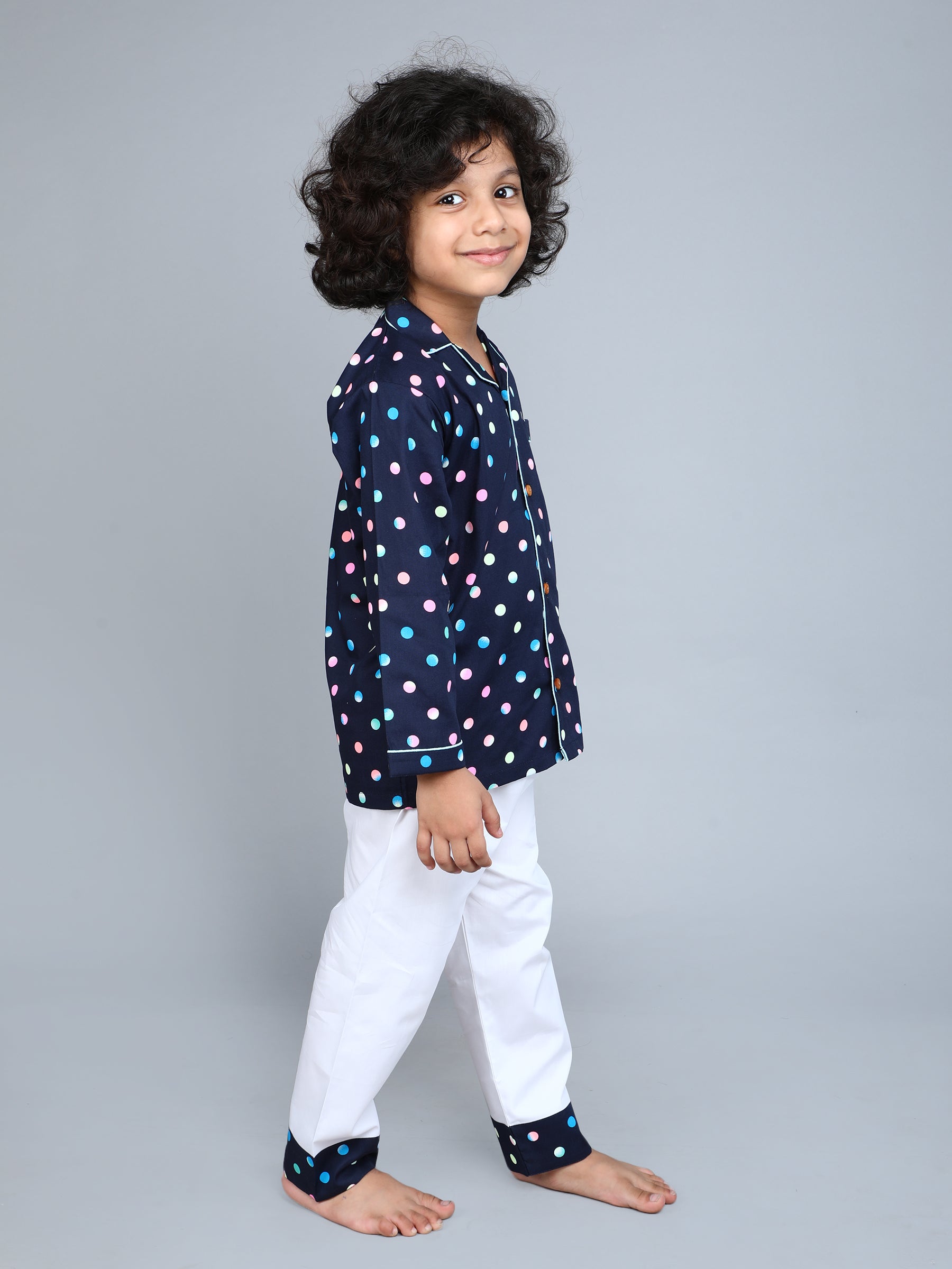 Navy Blue Cotton Polka Dot Print PJ Set
