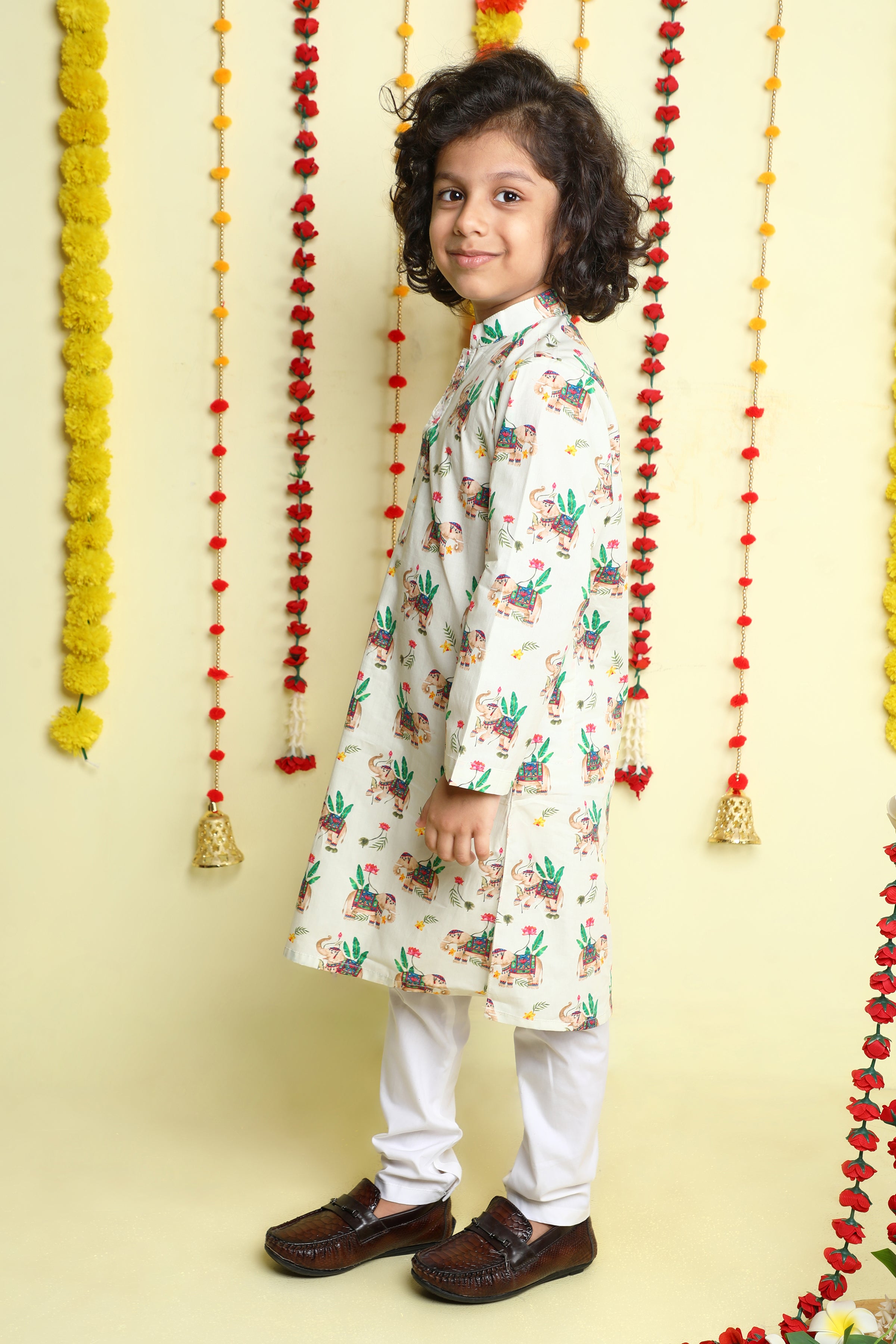 Ivory Heritage Elephant Print Cotton Kurta Set