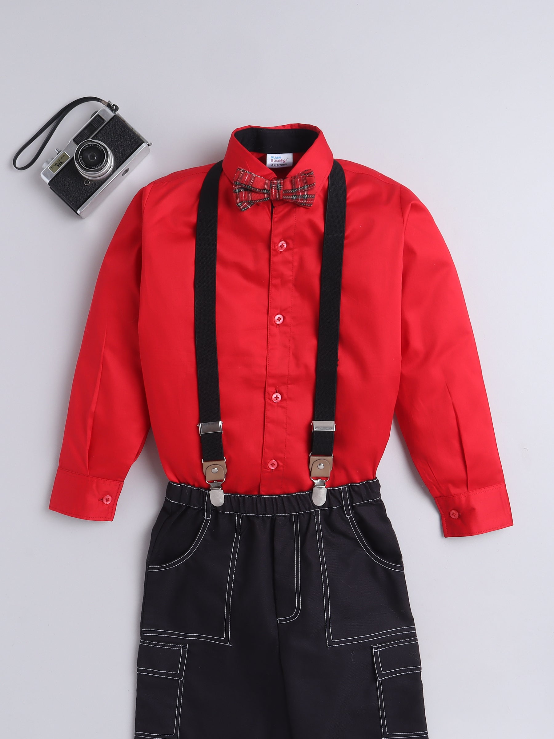 Red Cotton Silk Shirt with Suspenders and Bowtie
