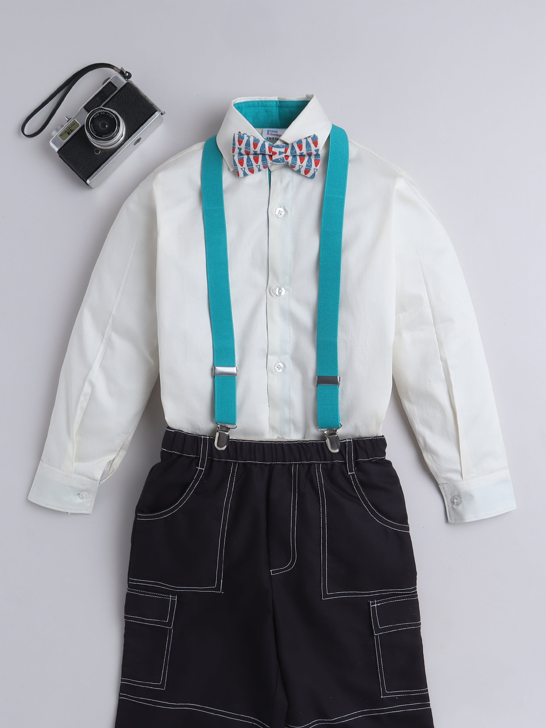 Off-White Cotton Silk Shirt with Suspenders and Bowtie