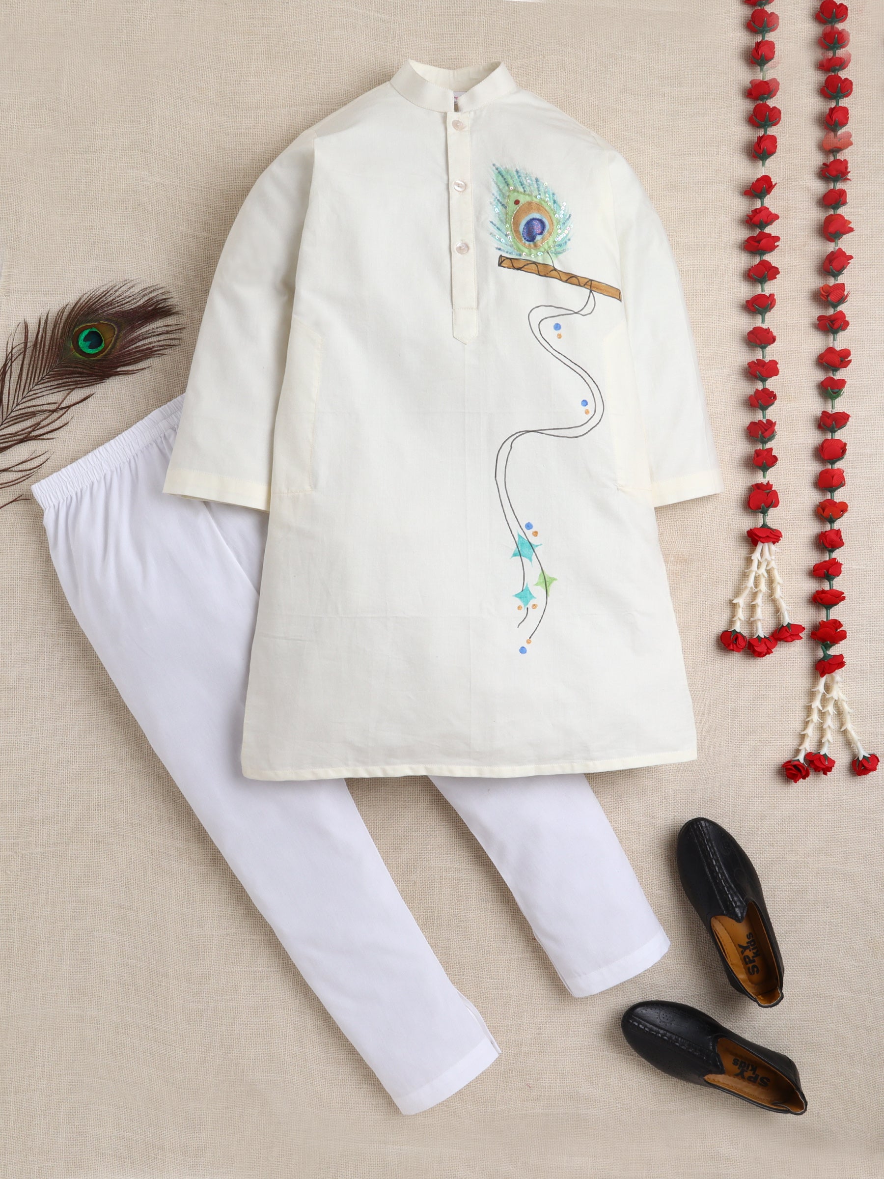Off White Krishna Flute Hand-Painted Kurta Set