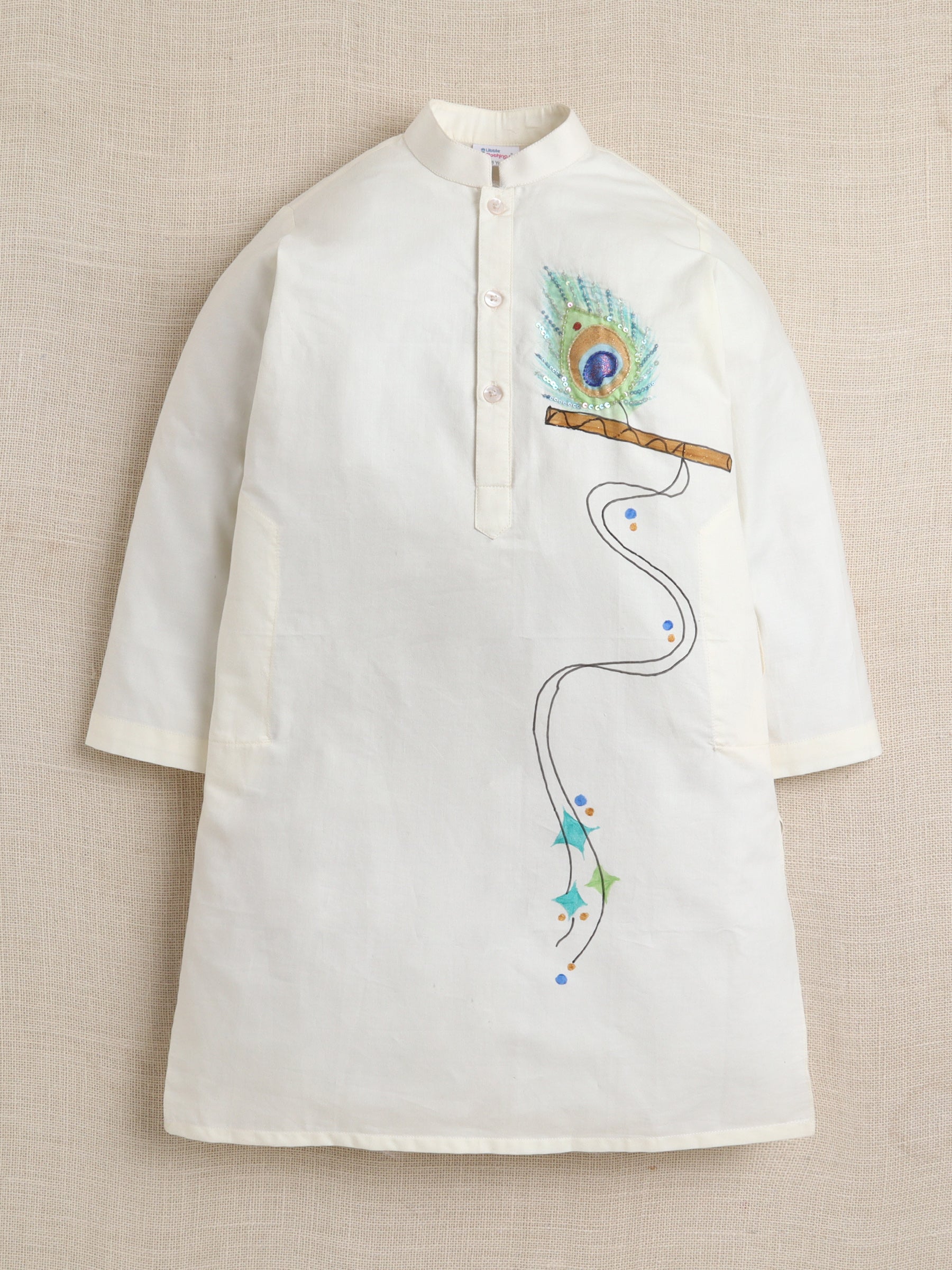 Off White Krishna Flute Hand-Painted Kurta Set