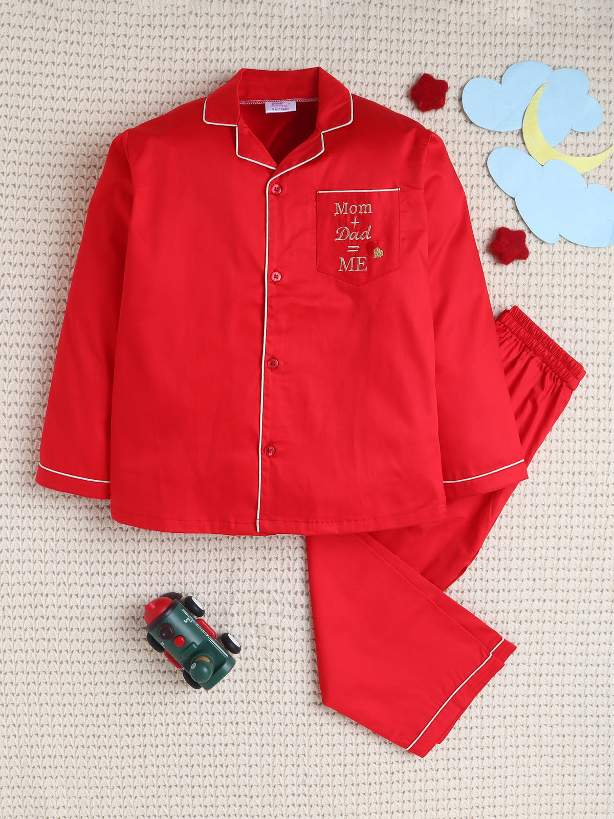 Red Mom Dad Love Embroidered Cotton Night suit Set