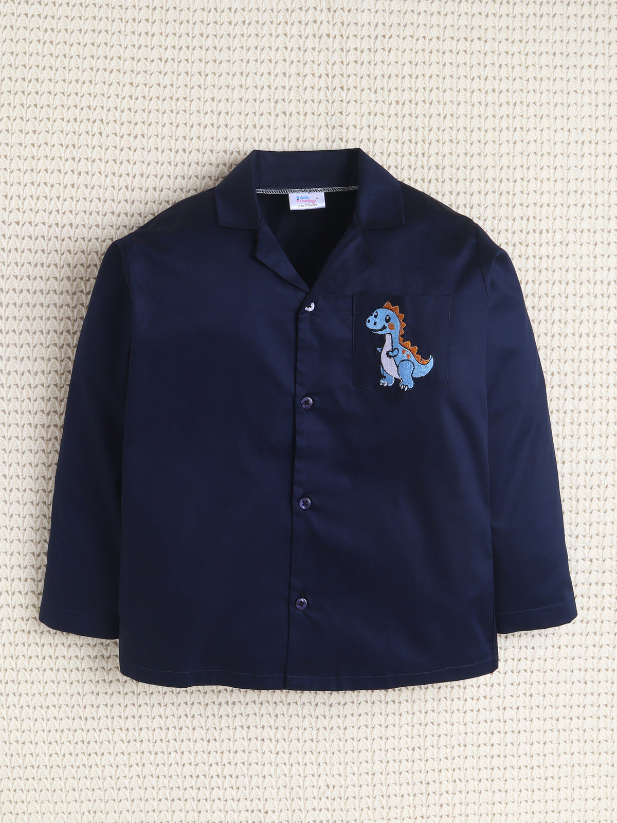 Navy Blue Dinosaur Embroidered Cotton Nightsuit Set