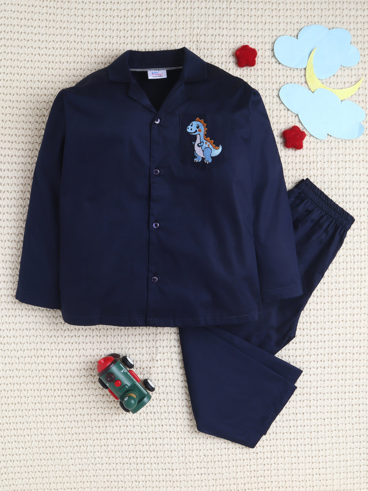 Navy Blue Dinosaur Embroidered Cotton Nightsuit Set